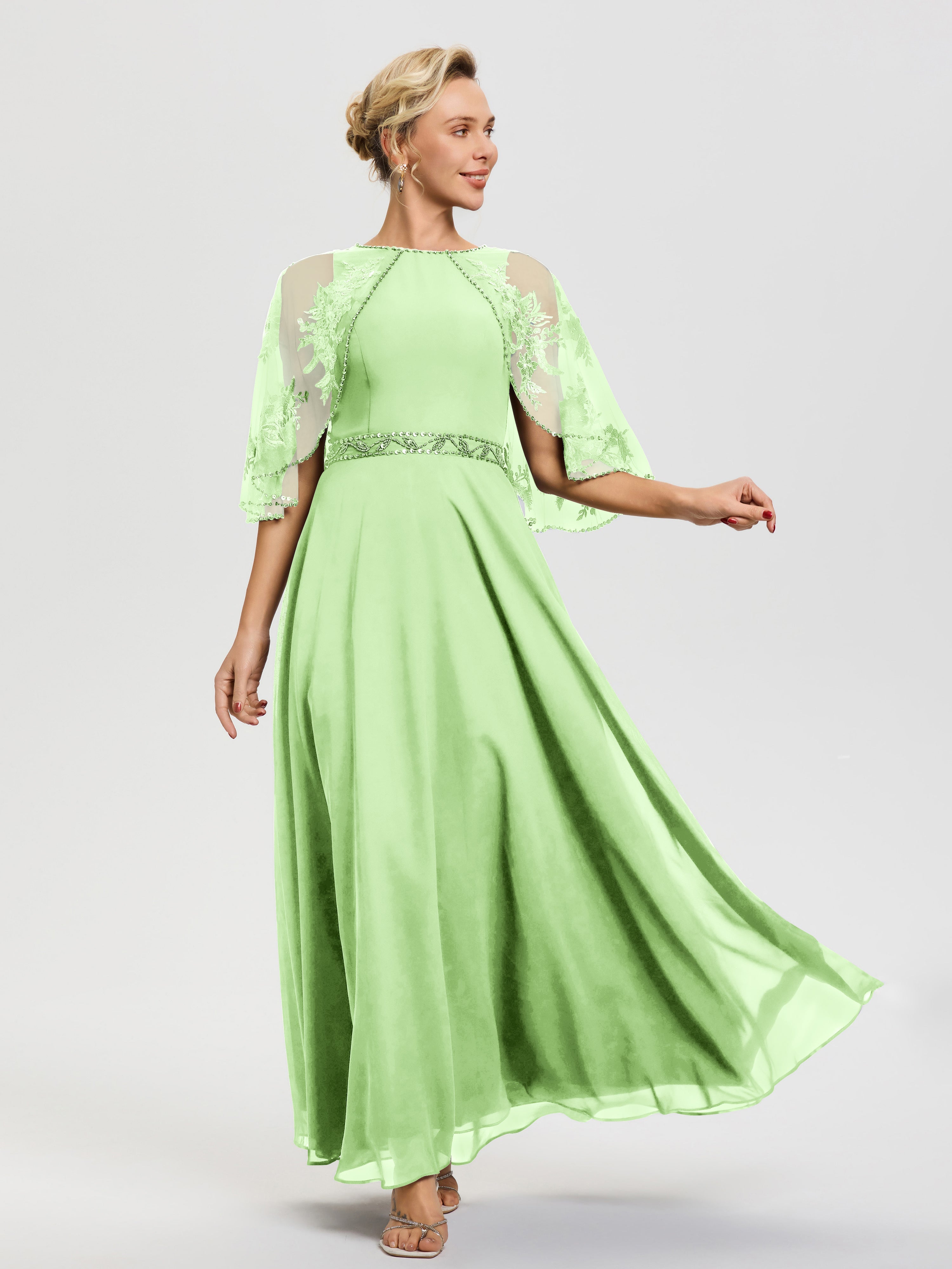 Sage Mother Of The Bride Dresses Beaded Cape-Sleeve Jewel Neck Chiffon Maxi Mother Of The Bride Dresses Sage Mother Of The Bride Dresses Beaded Cape-Sleeve Jewel Neck Chiffon Maxi Mother Of The Bride Dresses