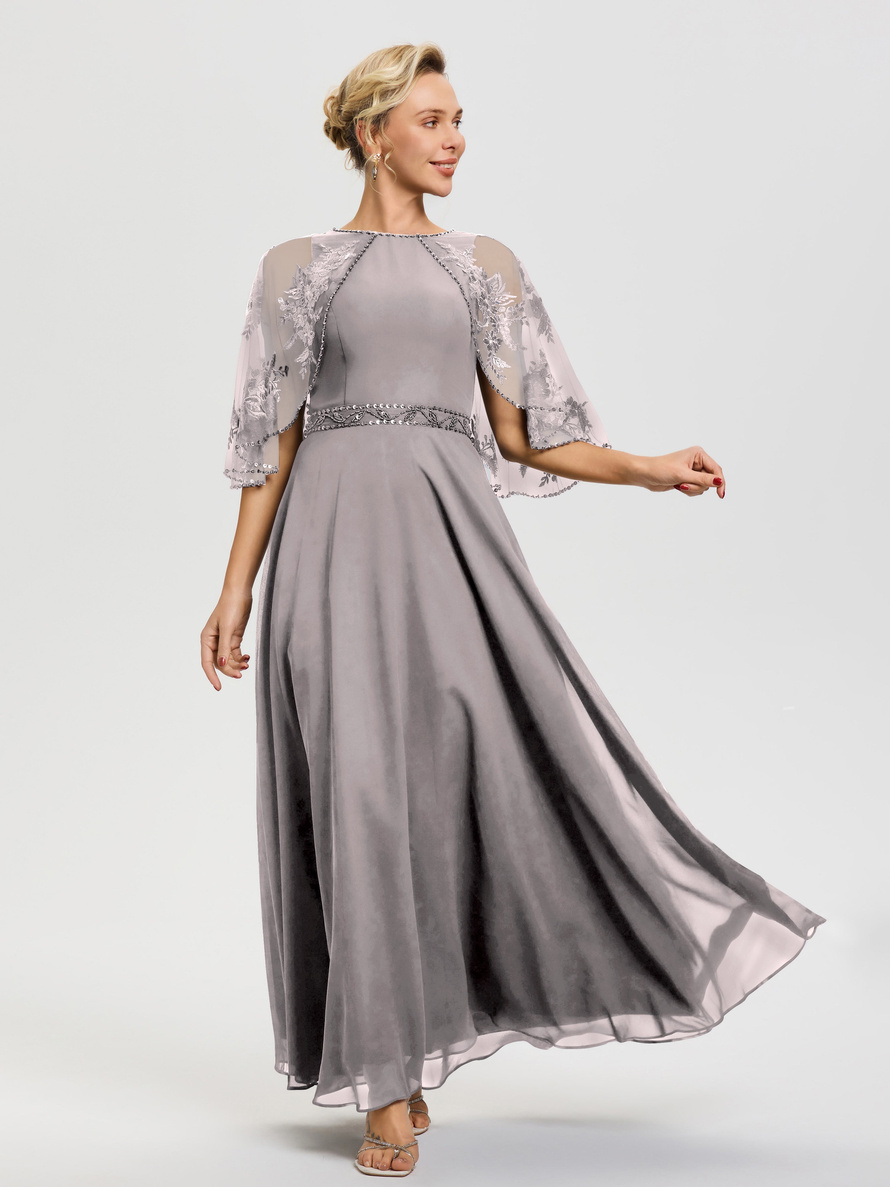 Silver Mother Of Bride Dress Beaded Cape-Sleeve Jewel Neck Chiffon Maxi Mother Of The Bride Dresses Silver Mother Of Bride Dress Beaded Cape-Sleeve Jewel Neck Chiffon Maxi Mother Of The Bride Dresses