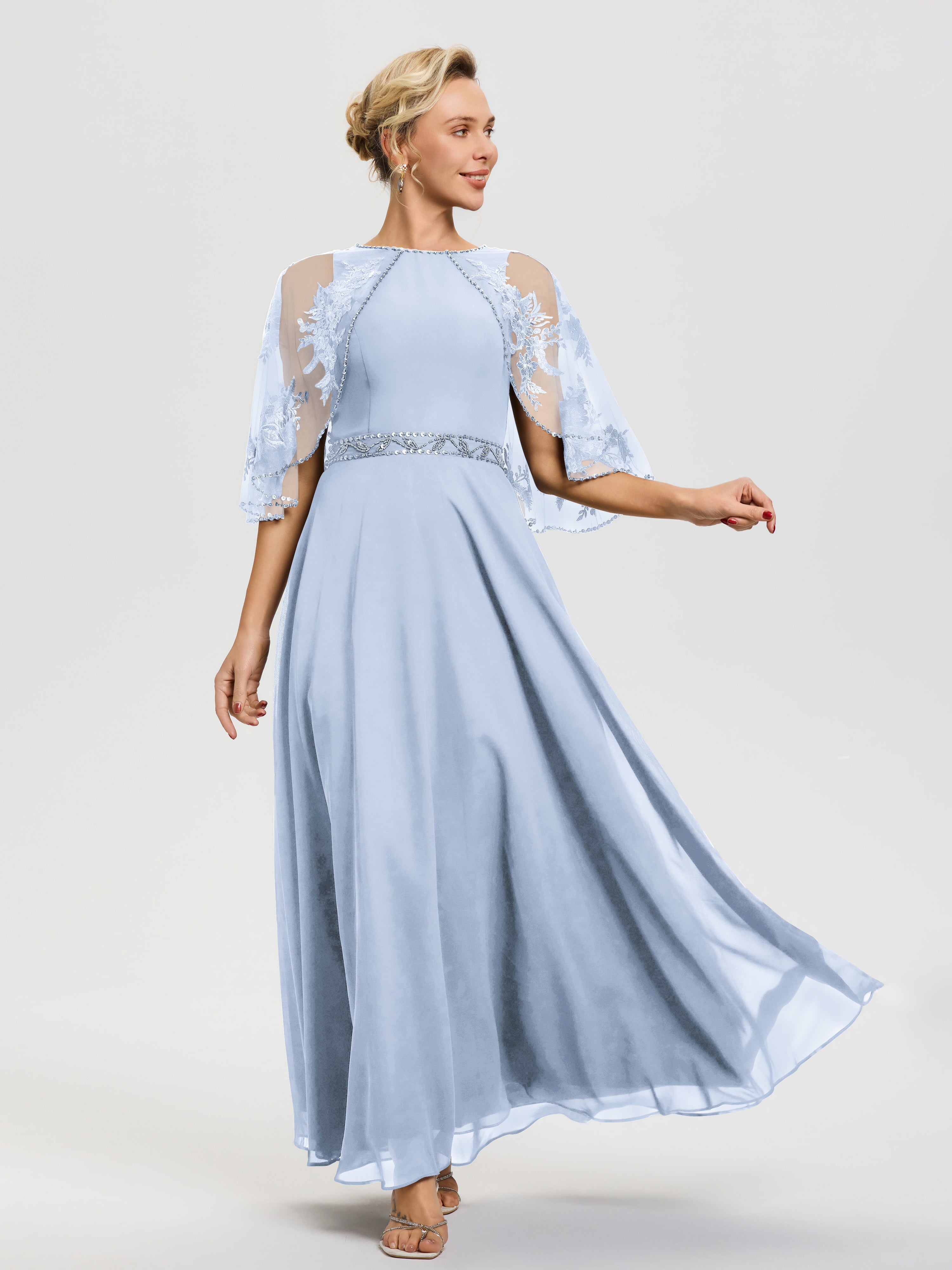 Sky Blue Light Blue Mother Of The Bride Dress Beaded Cape-Sleeve Jewel Neck Chiffon Maxi Mother Of The Bride Dresses Sky Blue Light Blue Mother Of The Bride Dress Beaded Cape-Sleeve Jewel Neck Chiffon Maxi Mother Of The Bride Dresses