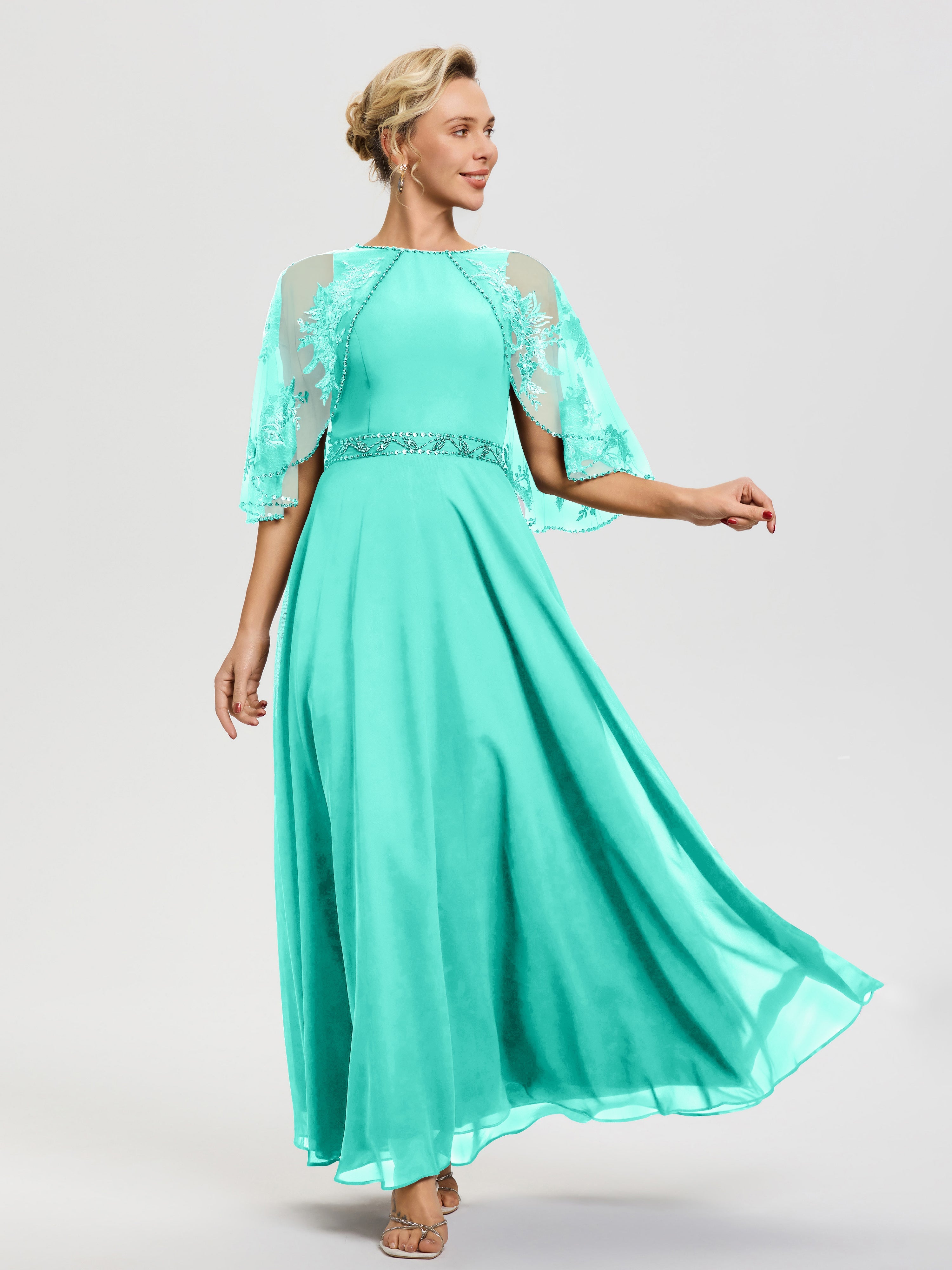 Mother Of The Bride Dresses Spa Beaded Cape-Sleeve Jewel Neck Chiffon Maxi Mother Of The Bride Dresses