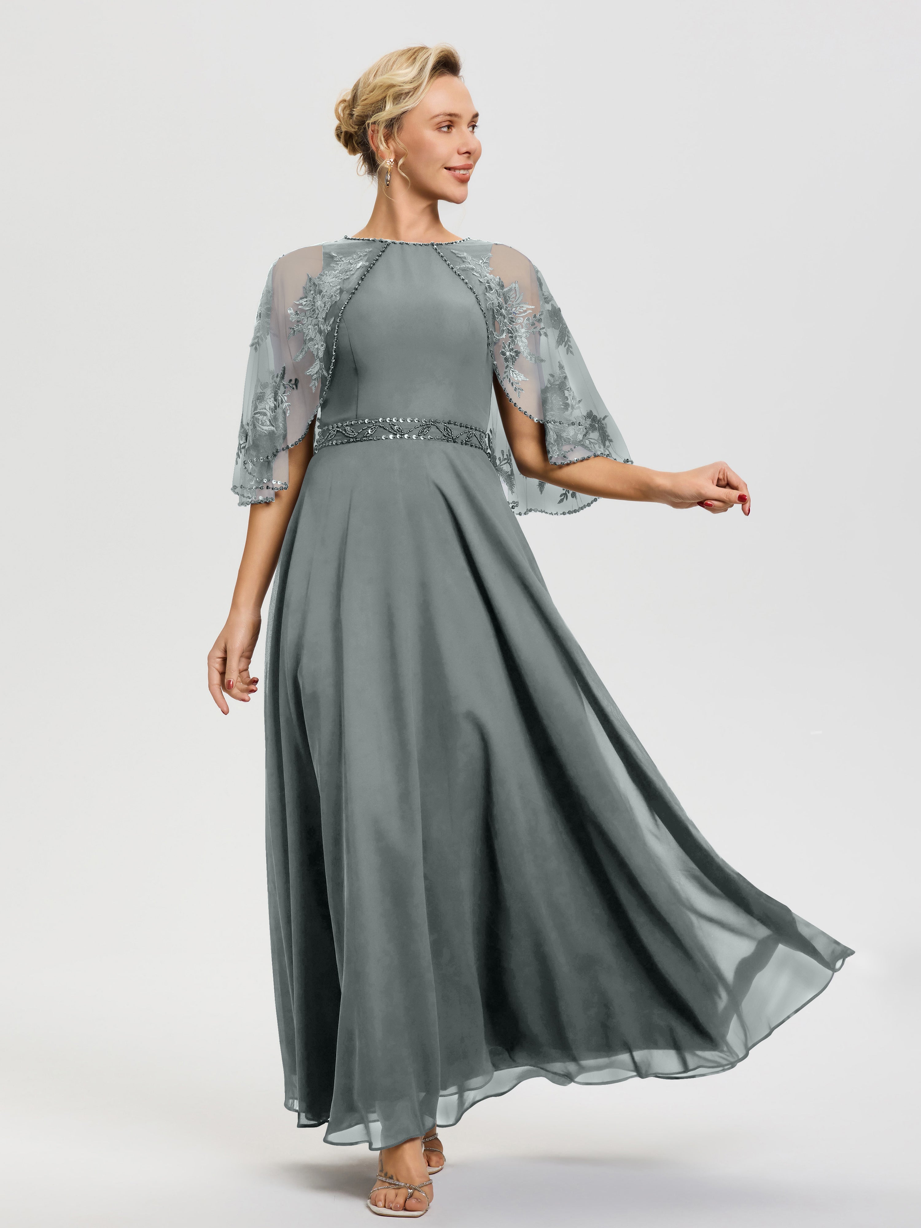Mother Of The Bride Dress Steel Grey Beaded Cape-Sleeve Jewel Neck Chiffon Maxi Mother Of The Bride Dresses