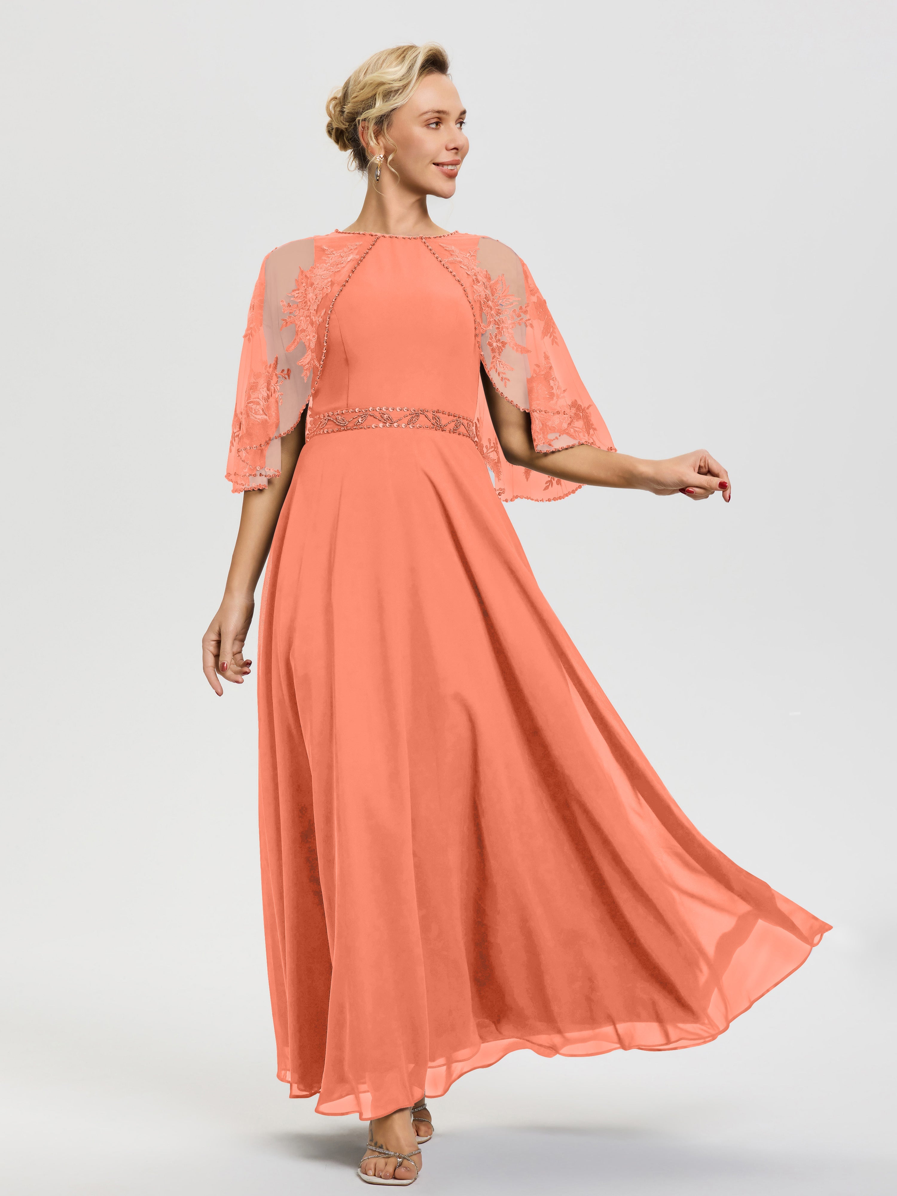 Sunset Lace Mother Of The Bride Dresses Beaded Cape-Sleeve Jewel Neck Chiffon Maxi Mother Of The Bride Dresses Sunset Lace Mother Of The Bride Dresses Beaded Cape-Sleeve Jewel Neck Chiffon Maxi Mother Of The Bride Dresses