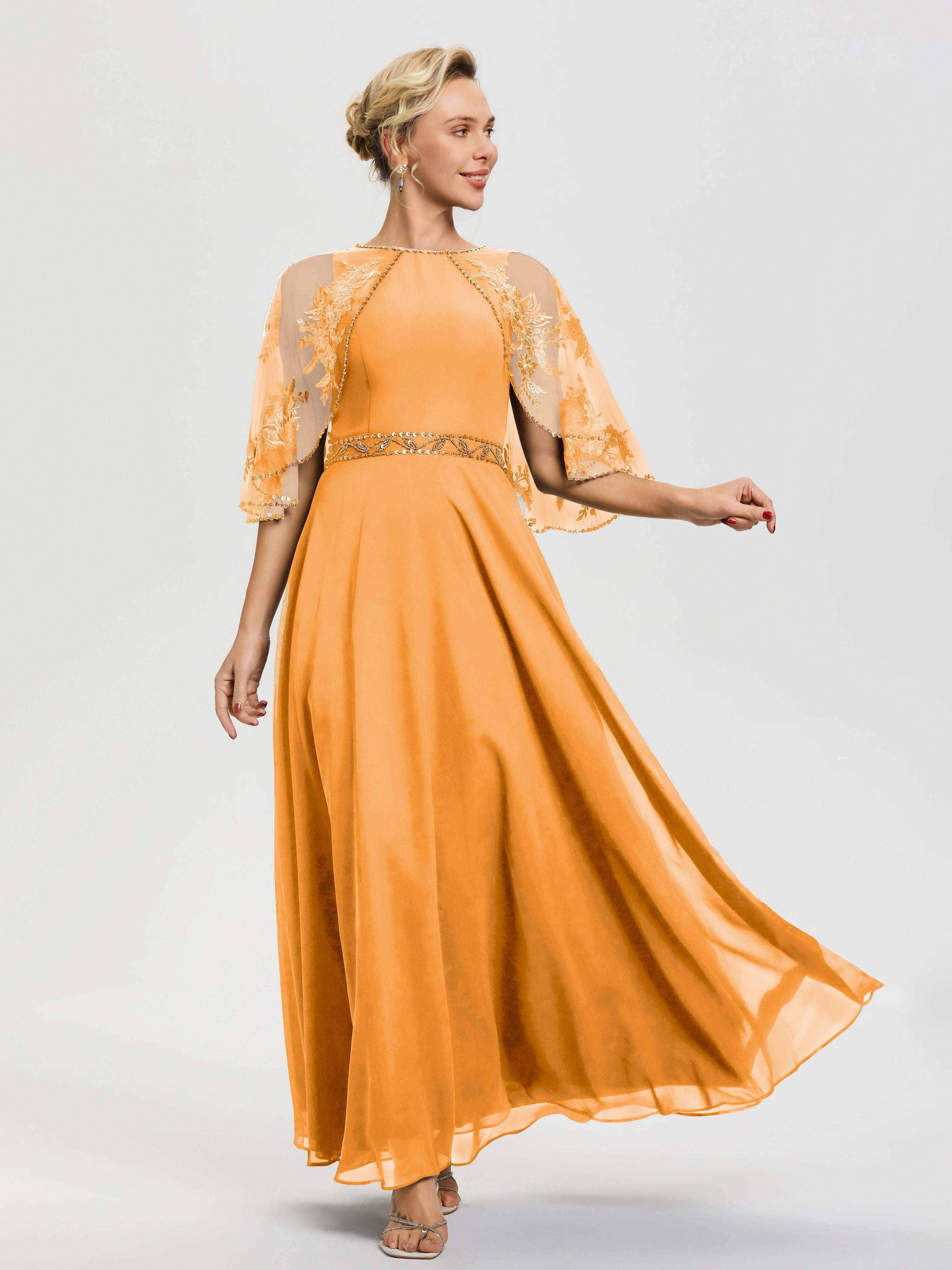 orange cape sleeve dress Fitted Dress with Cape Sleeves Golden-orange / FR 46