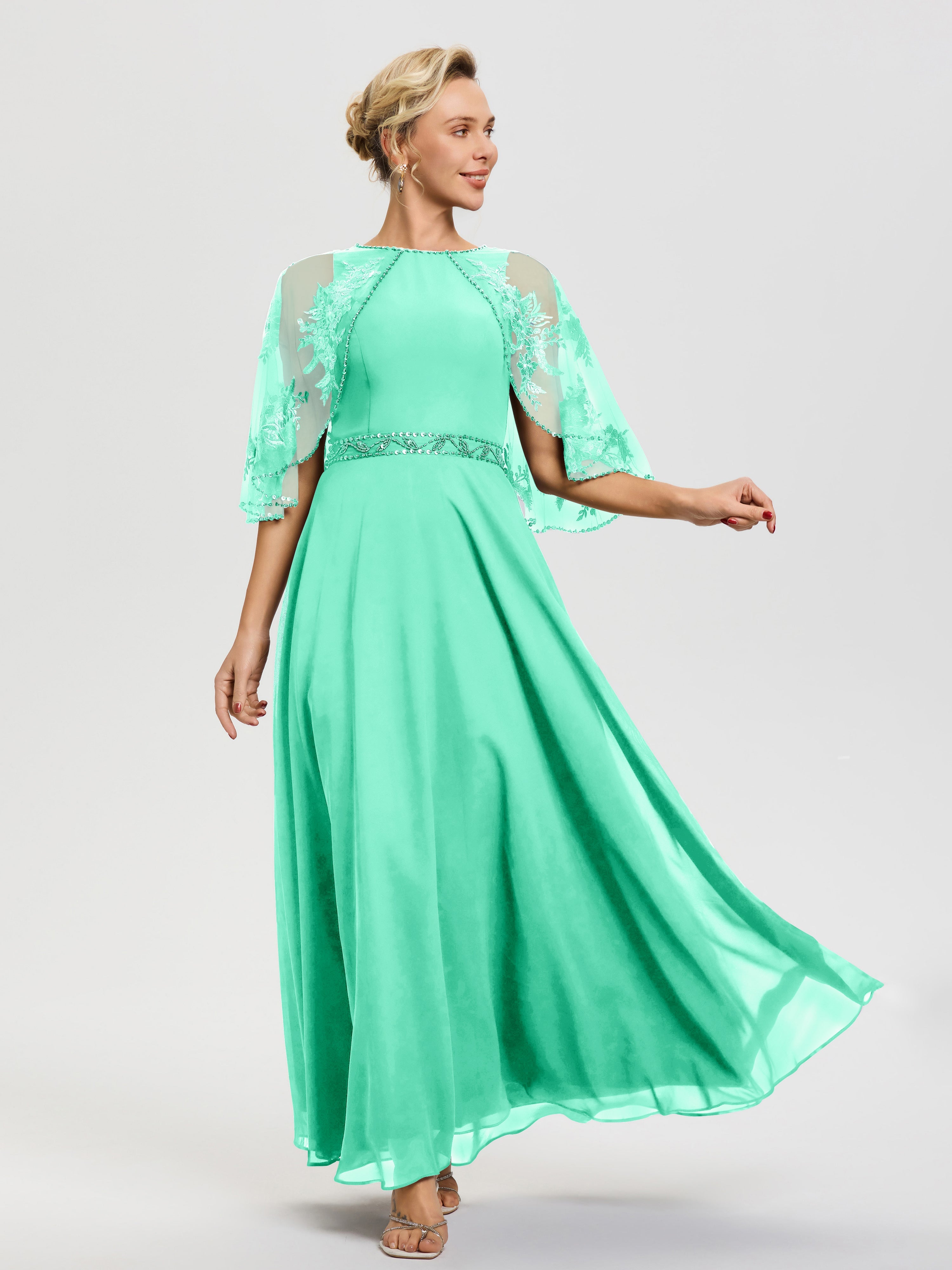 Turquoise Dresses For Mother Of The Bride Beaded Cape-Sleeve Jewel Neck Chiffon Maxi Mother Of The Bride Dresses