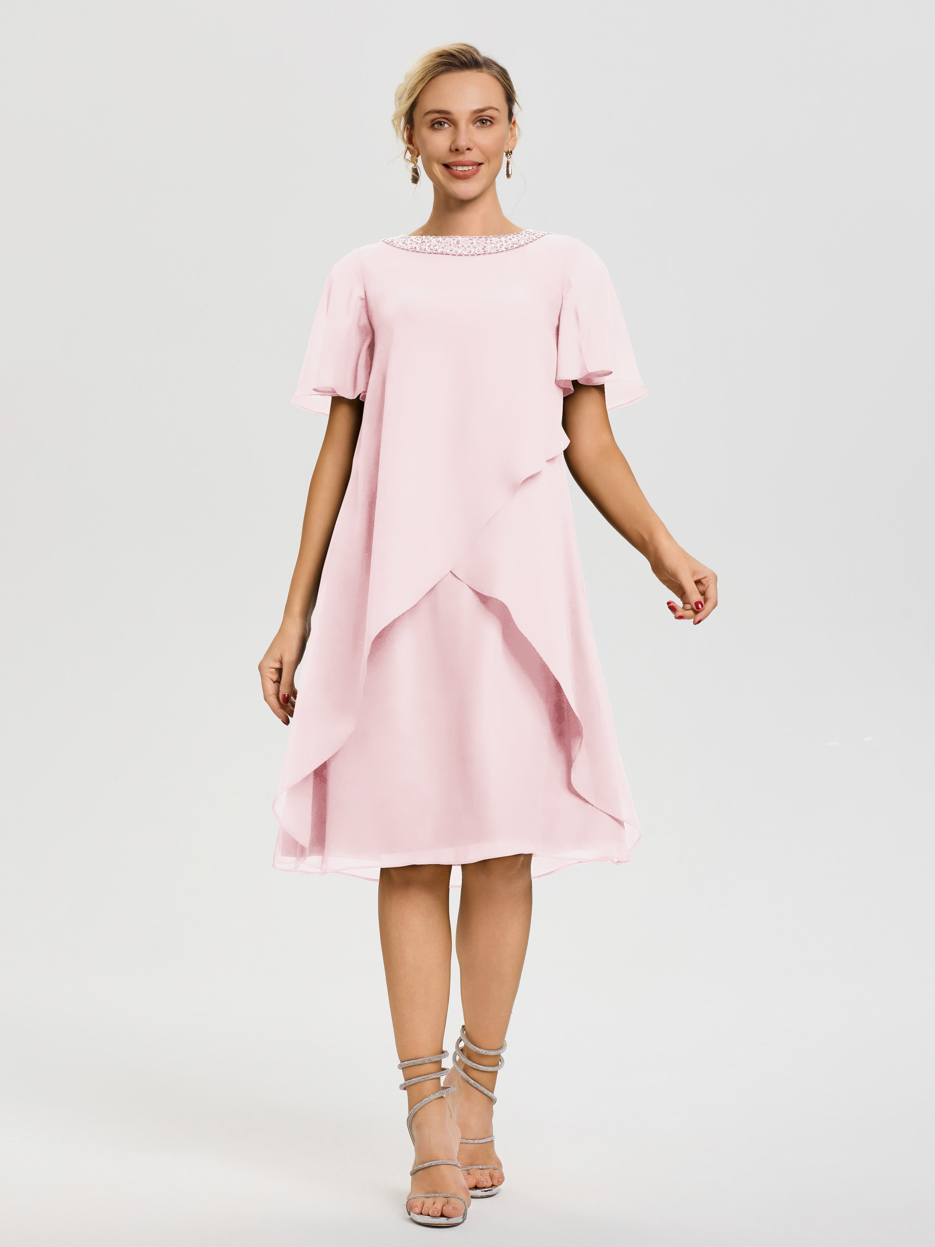 Mother Of The Bride Blush Pink Dress Jewel A-Line Short Sleeves Beadin Mother Of The Bride Blush Pink Dress Jewel A-Line Short Sleeves Beadin