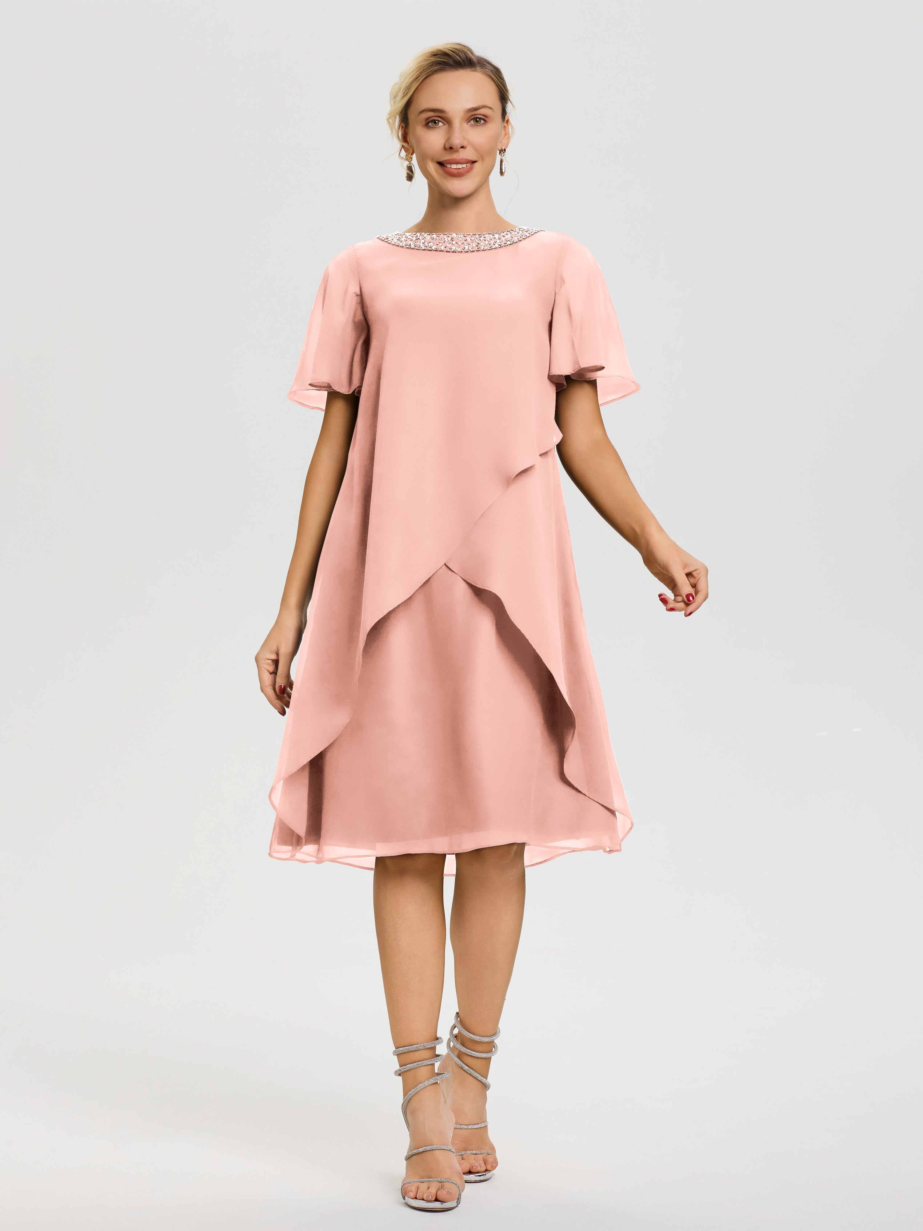 Coral Colored Mother Of The Bride Dresses Jewel A-Line Short Sleeves B Coral Colored Mother Of The Bride Dresses Jewel A-Line Short Sleeves B