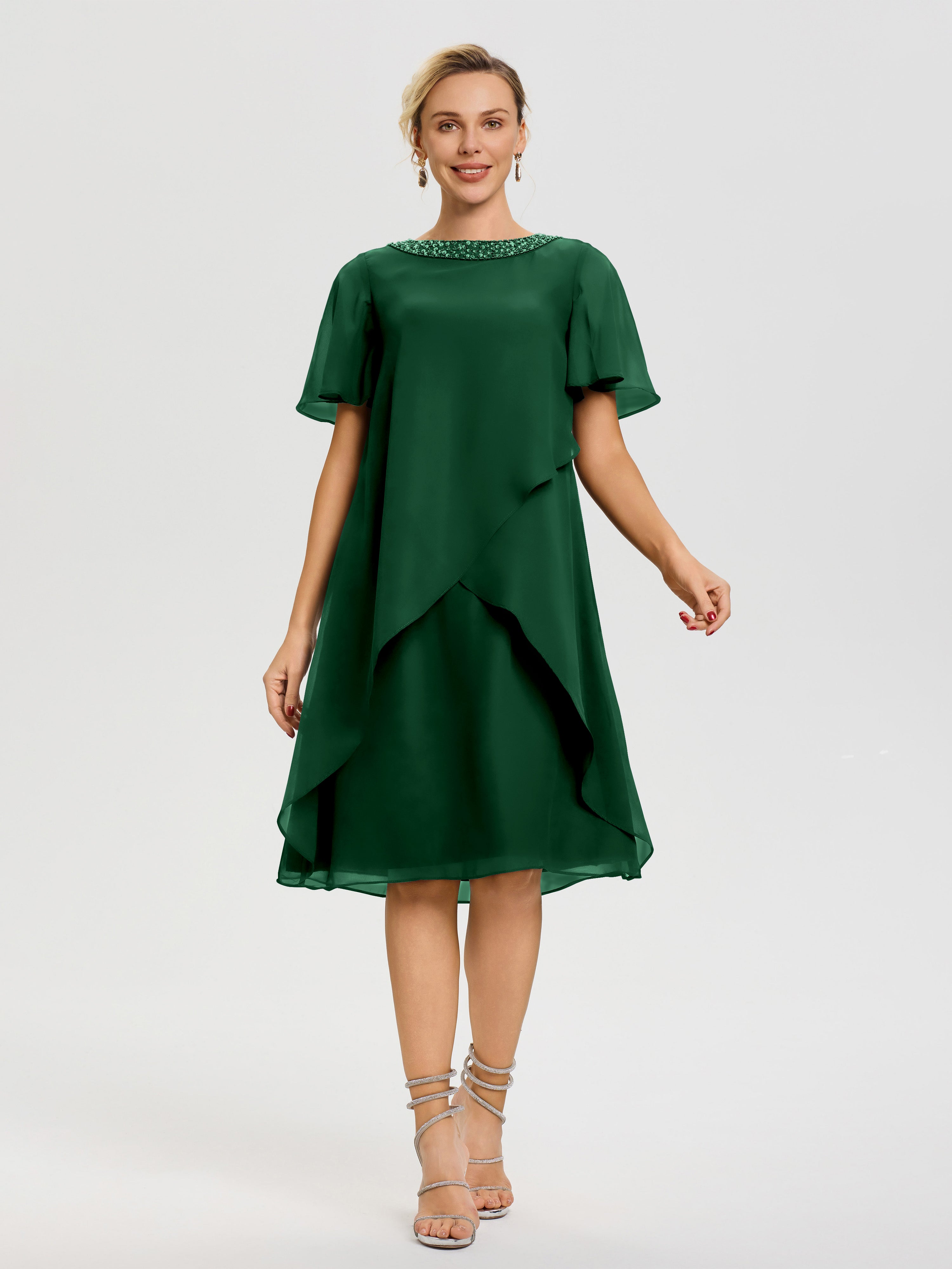 Mother Of The Bride Dress Dark Green Jewel A-Line Short Sleeves Beading Knee Length Chiffon Mother Of The Bride Dress Mother Of The Bride Dress Dark Green Jewel A-Line Short Sleeves Beading Knee Length Chiffon Mother Of The Bride Dress