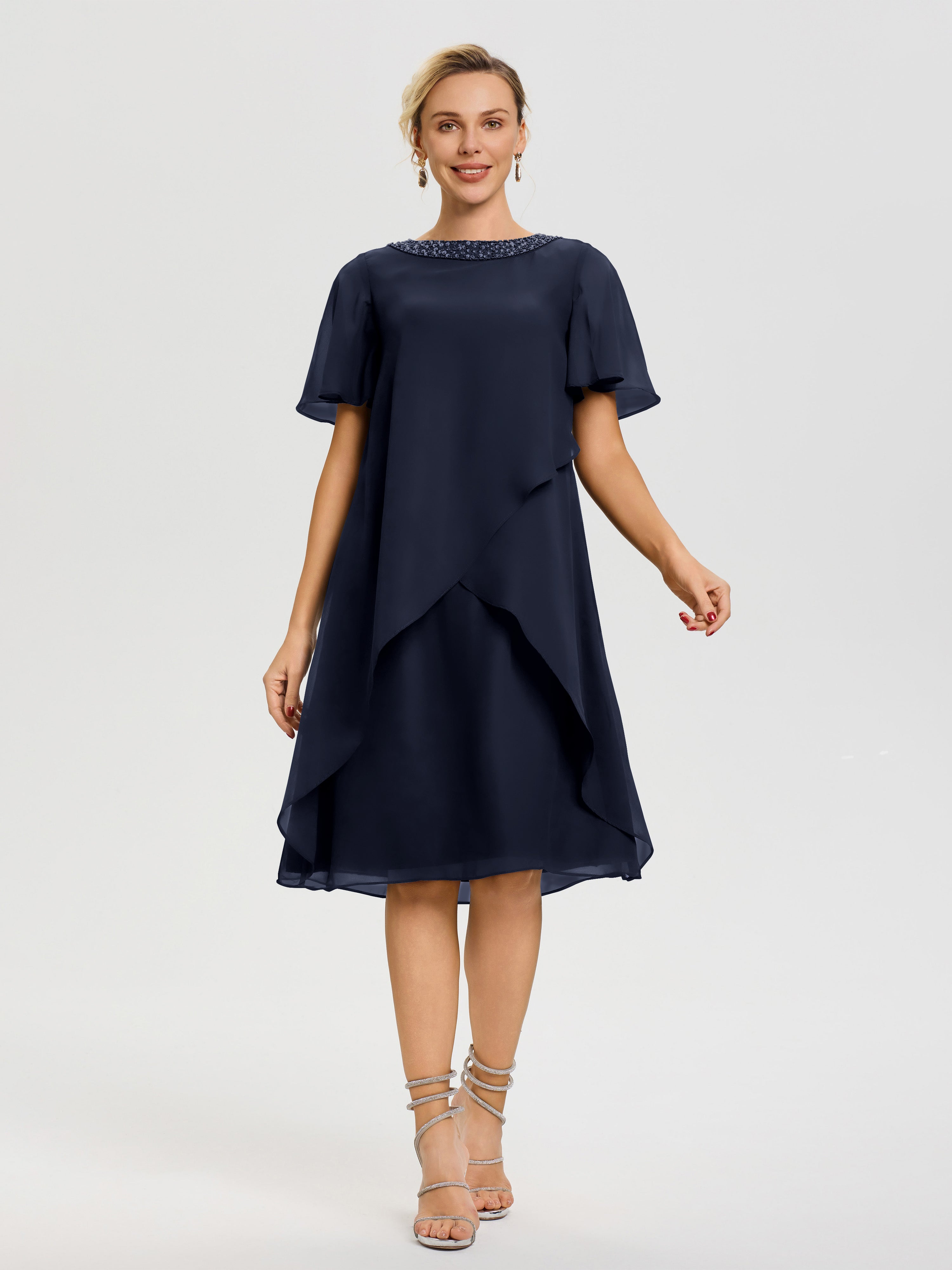short navy blue dresses for wedding Plus Navy Blue Dress Mother of the Bride Wedding Guest Formal Chiffon Short