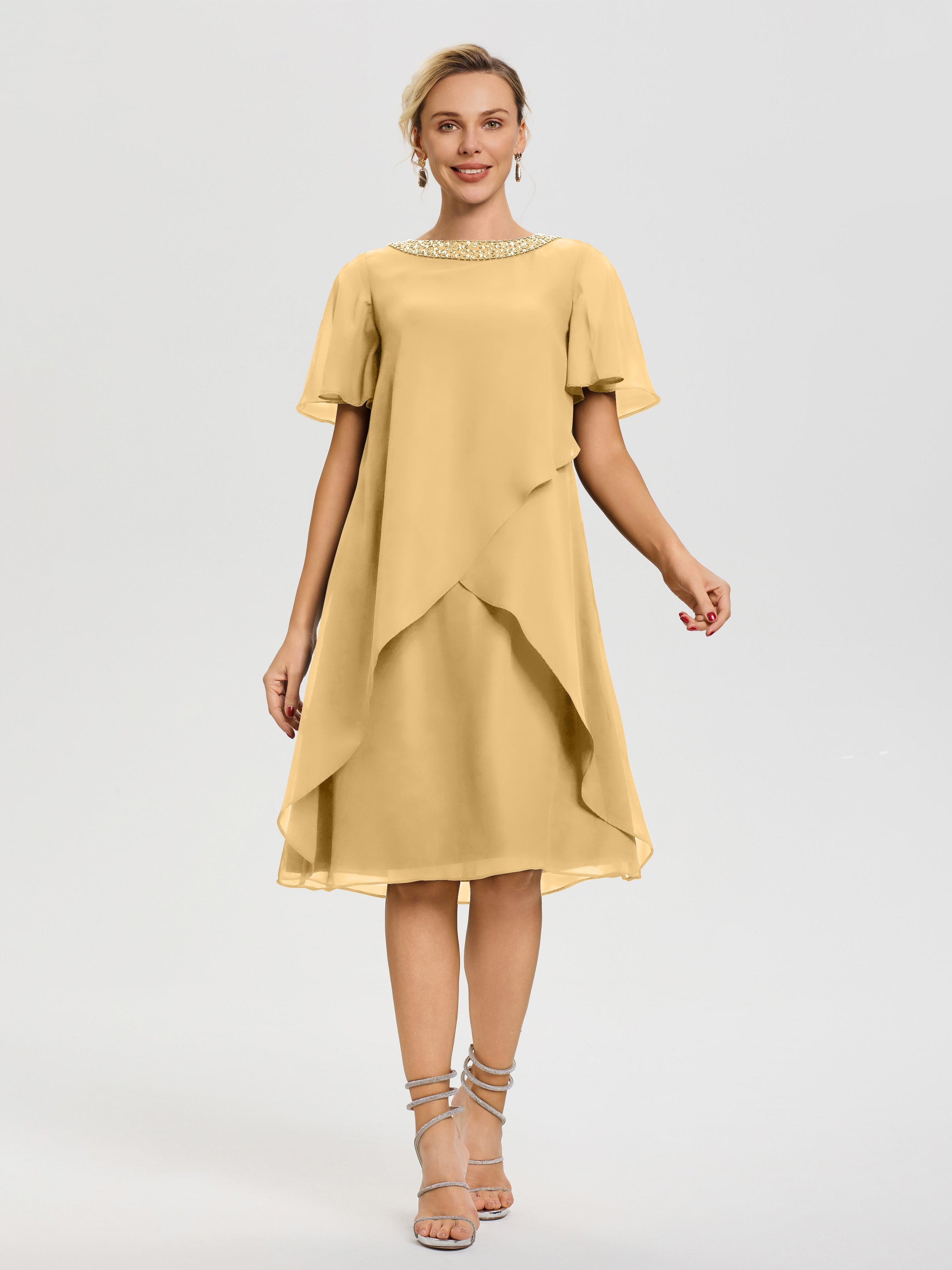 Mother Of Bride Dresses Gold Jewel A-Line Short Sleeves Beading Knee Length Chiffon Mother Of The Bride Dress Mother Of Bride Dresses Gold Jewel A-Line Short Sleeves Beading Knee Length Chiffon Mother Of The Bride Dress