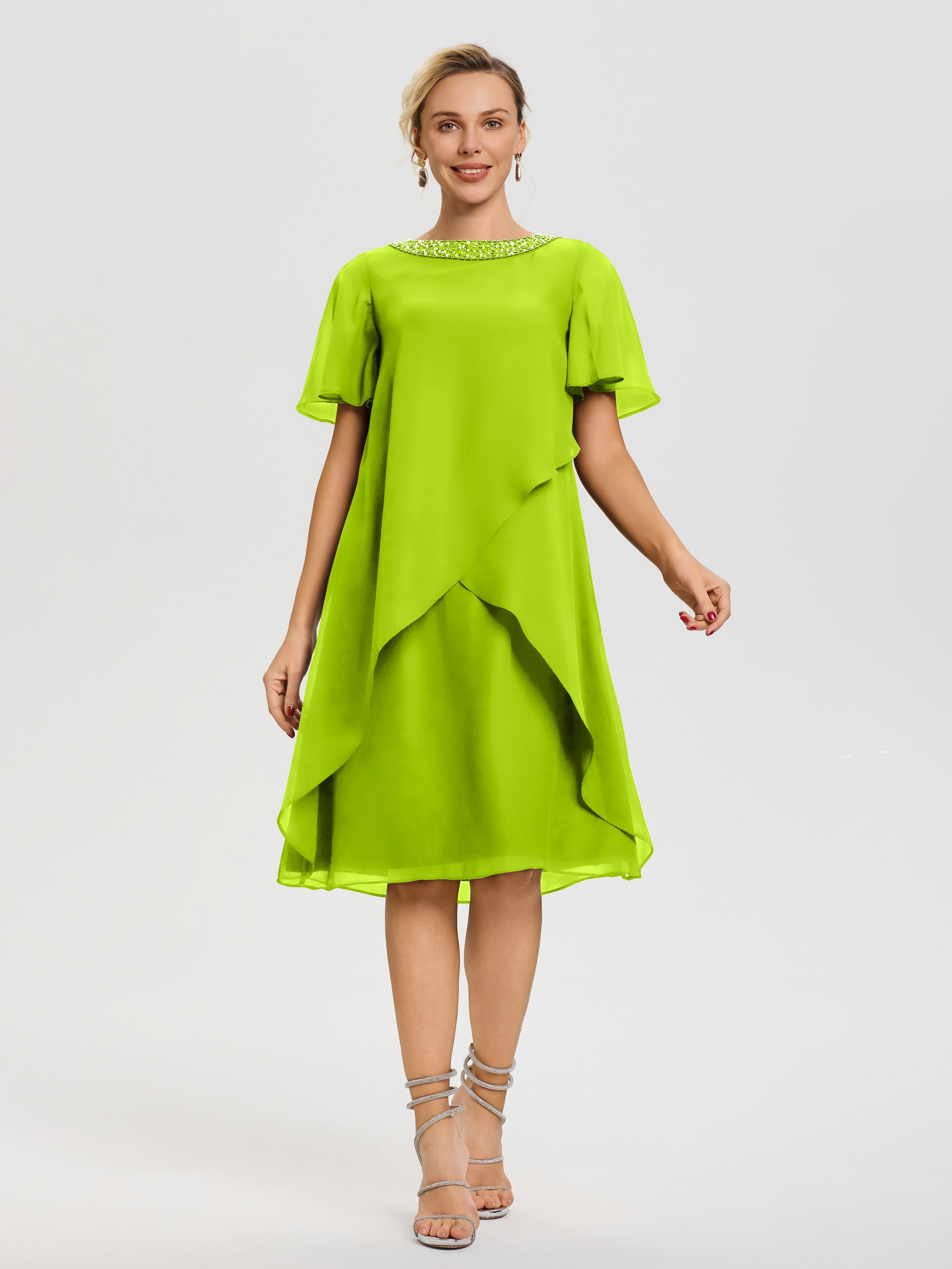 Lime Green Mother Of The Bride Dress Jewel A-Line Short Sleeves Beading Knee Length Chiffon Mother Of The Bride Dress Lime Green Mother Of The Bride Dress Jewel A-Line Short Sleeves Beading Knee Length Chiffon Mother Of The Bride Dress