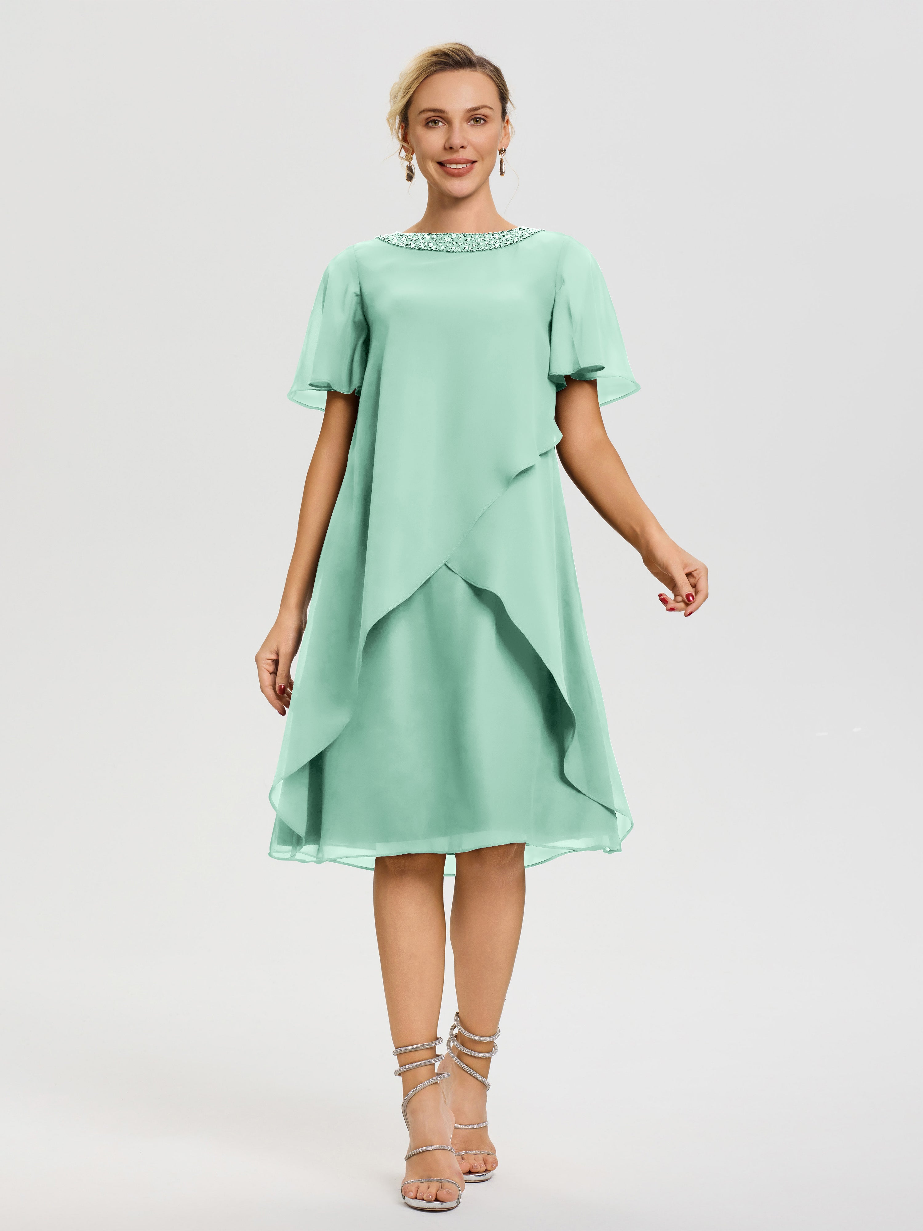 Mother Of The Bride Mint Green Dress Jewel A-Line Short Sleeves Beading Knee Length Chiffon Mother Of The Bride Dress Mother Of The Bride Mint Green Dress Jewel A-Line Short Sleeves Beading Knee Length Chiffon Mother Of The Bride Dress