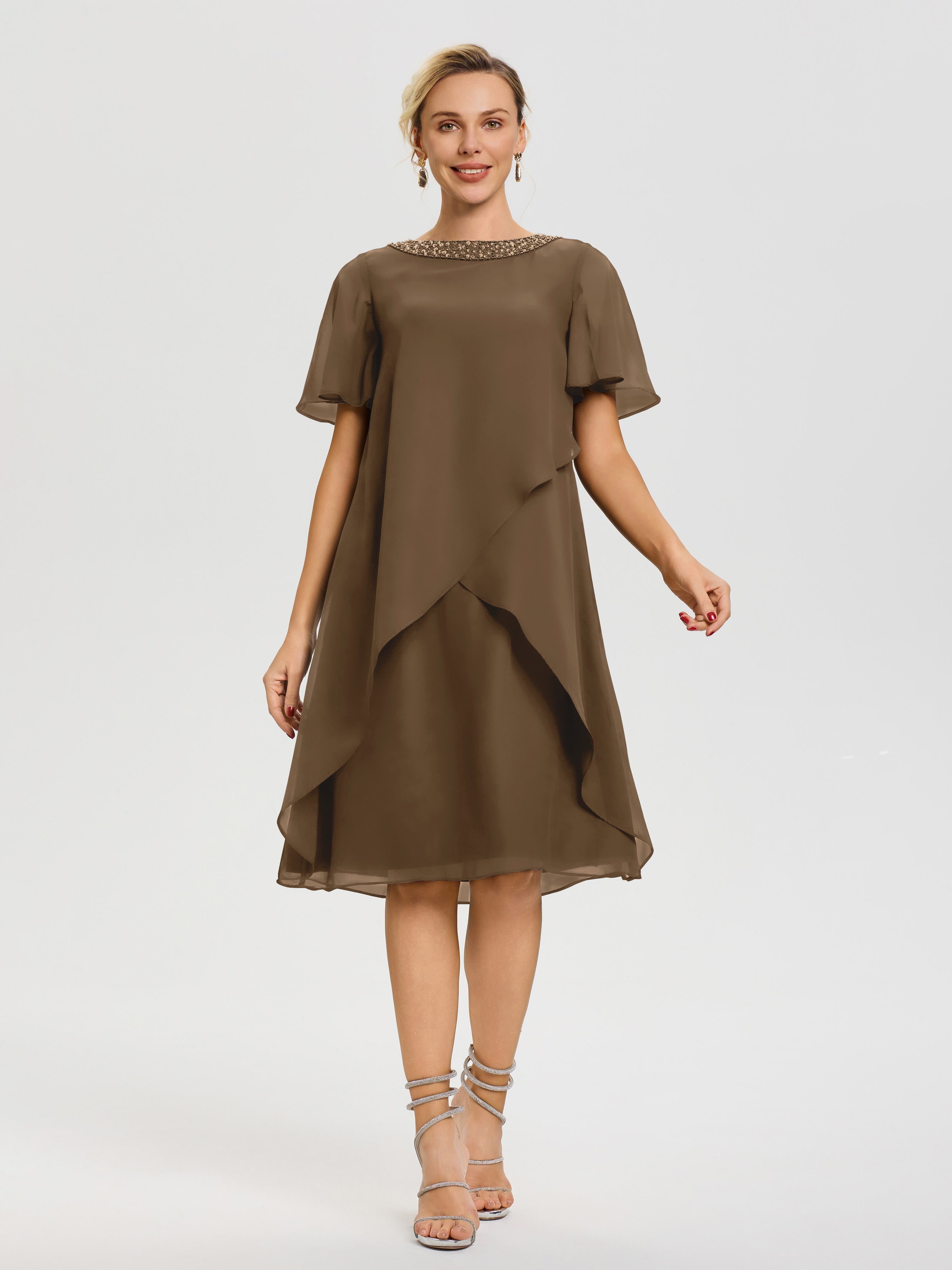 Mocha Colored Mother Of The Bride Dresses Jewel A-Line Short Sleeves Beading Knee Length Chiffon Mother Of The Bride Dress Mocha Colored Mother Of The Bride Dresses Jewel A-Line Short Sleeves Beading Knee Length Chiffon Mother Of The Bride Dress
