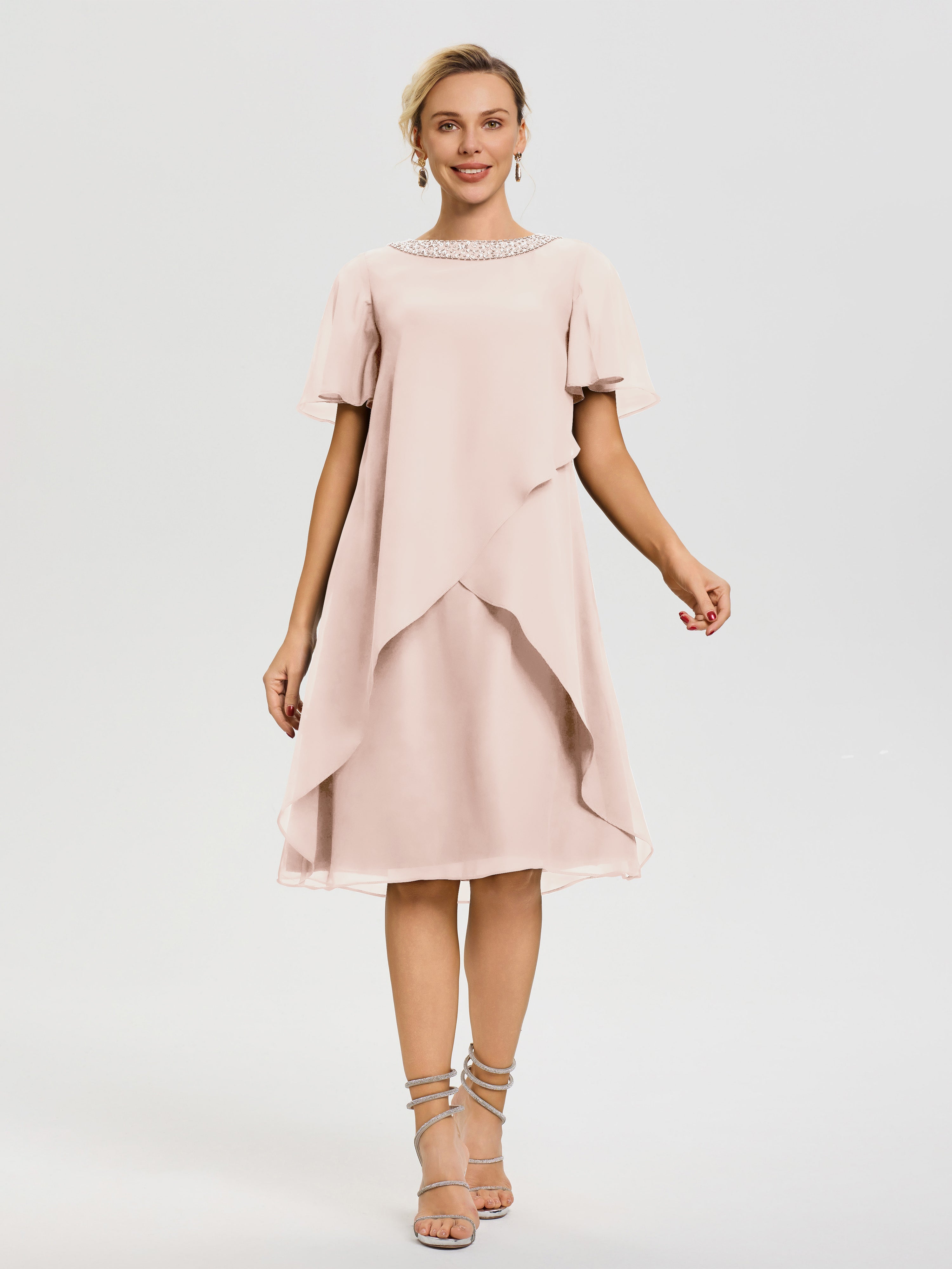 short pink mother of the bride dresses Short Sleeves Round Neck Lace Mother of the Bride Dress