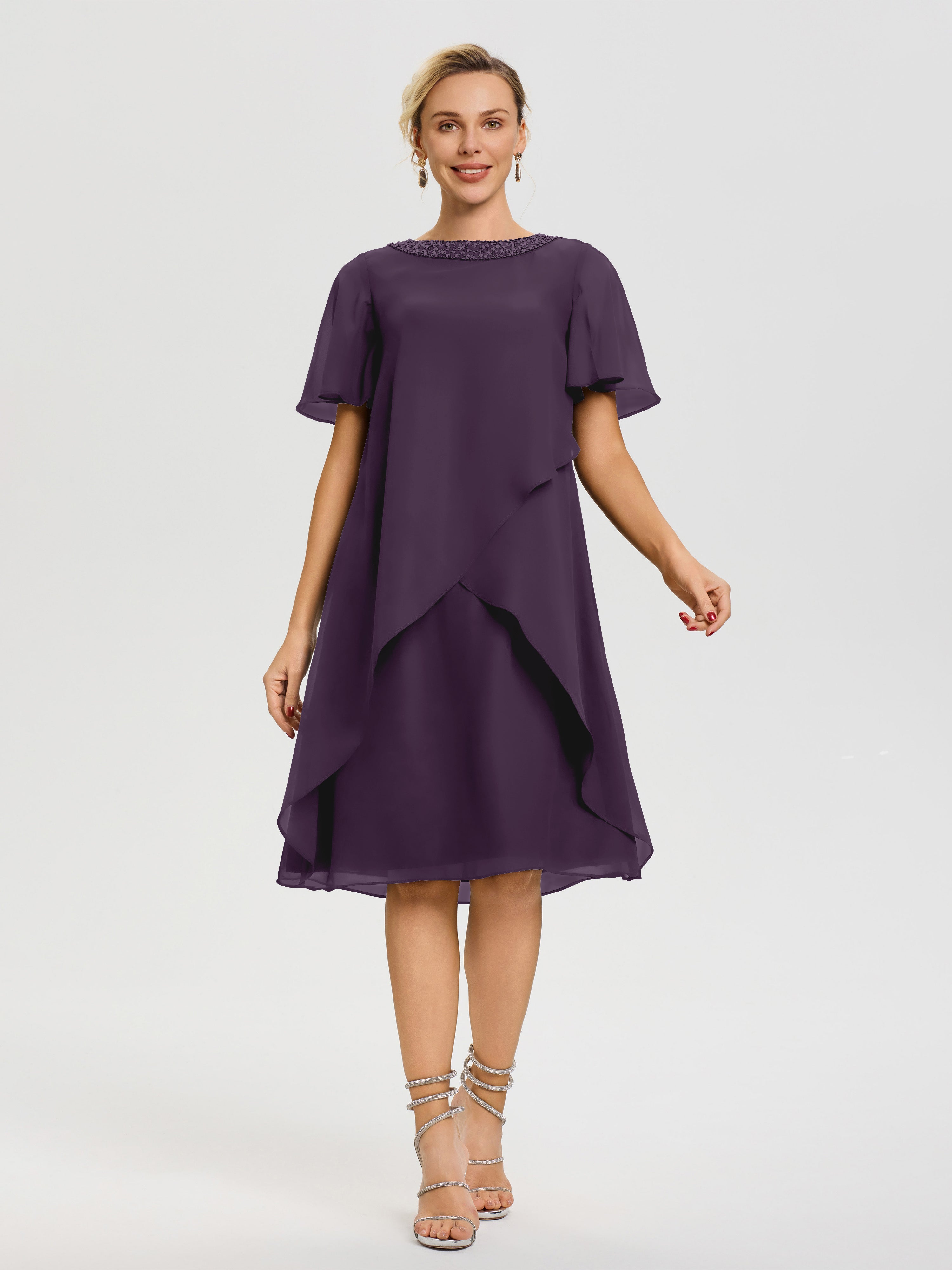 Plum Mother Of The Bride Dresses Jewel A-Line Short Sleeves Beading Knee Length Chiffon Mother Of The Bride Dress Plum Mother Of The Bride Dresses Jewel A-Line Short Sleeves Beading Knee Length Chiffon Mother Of The Bride Dress