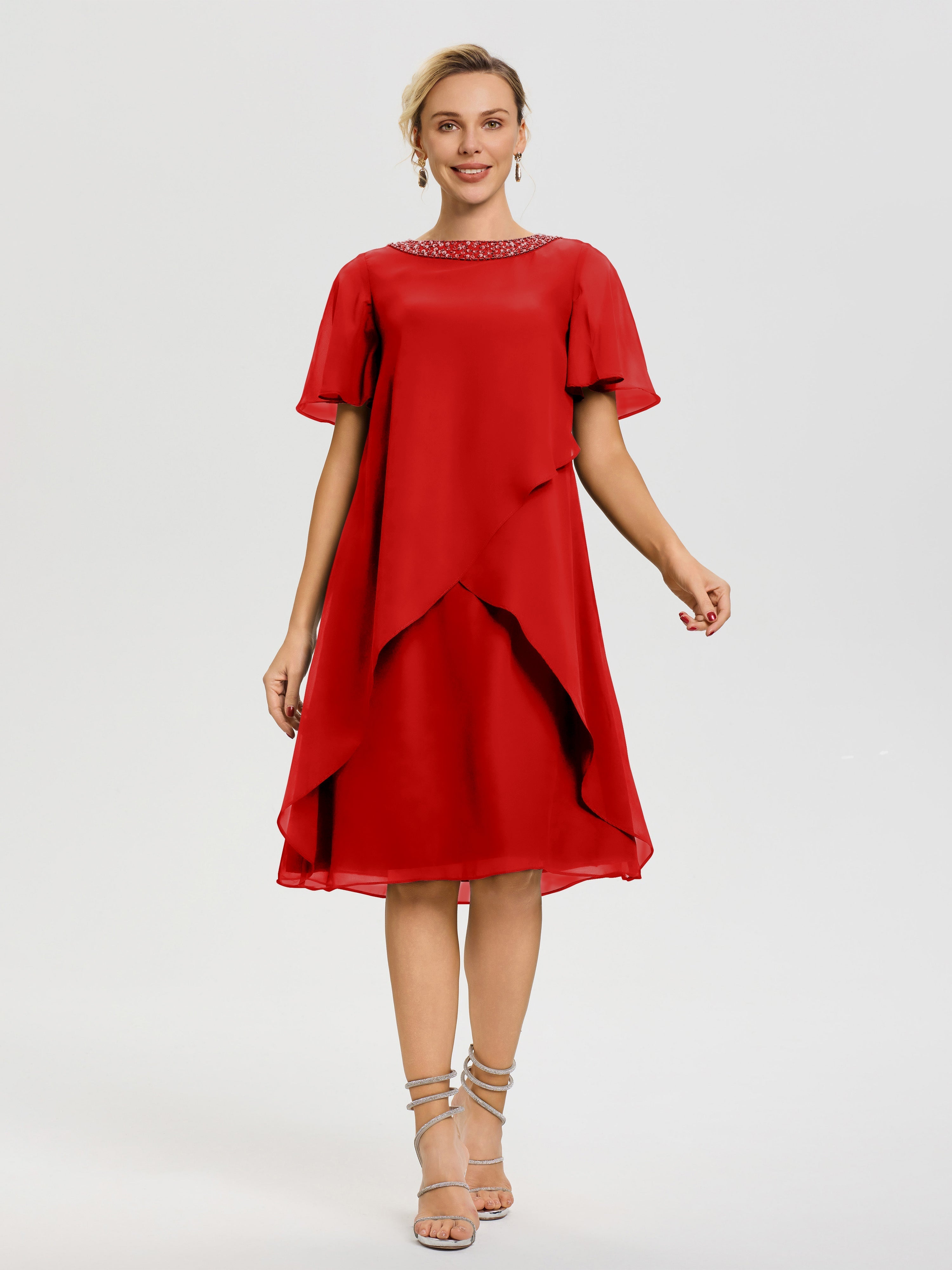 chiffon red dress knee length A-line Sweetheart Knee-length Chiffon Mother of the Bride Dress