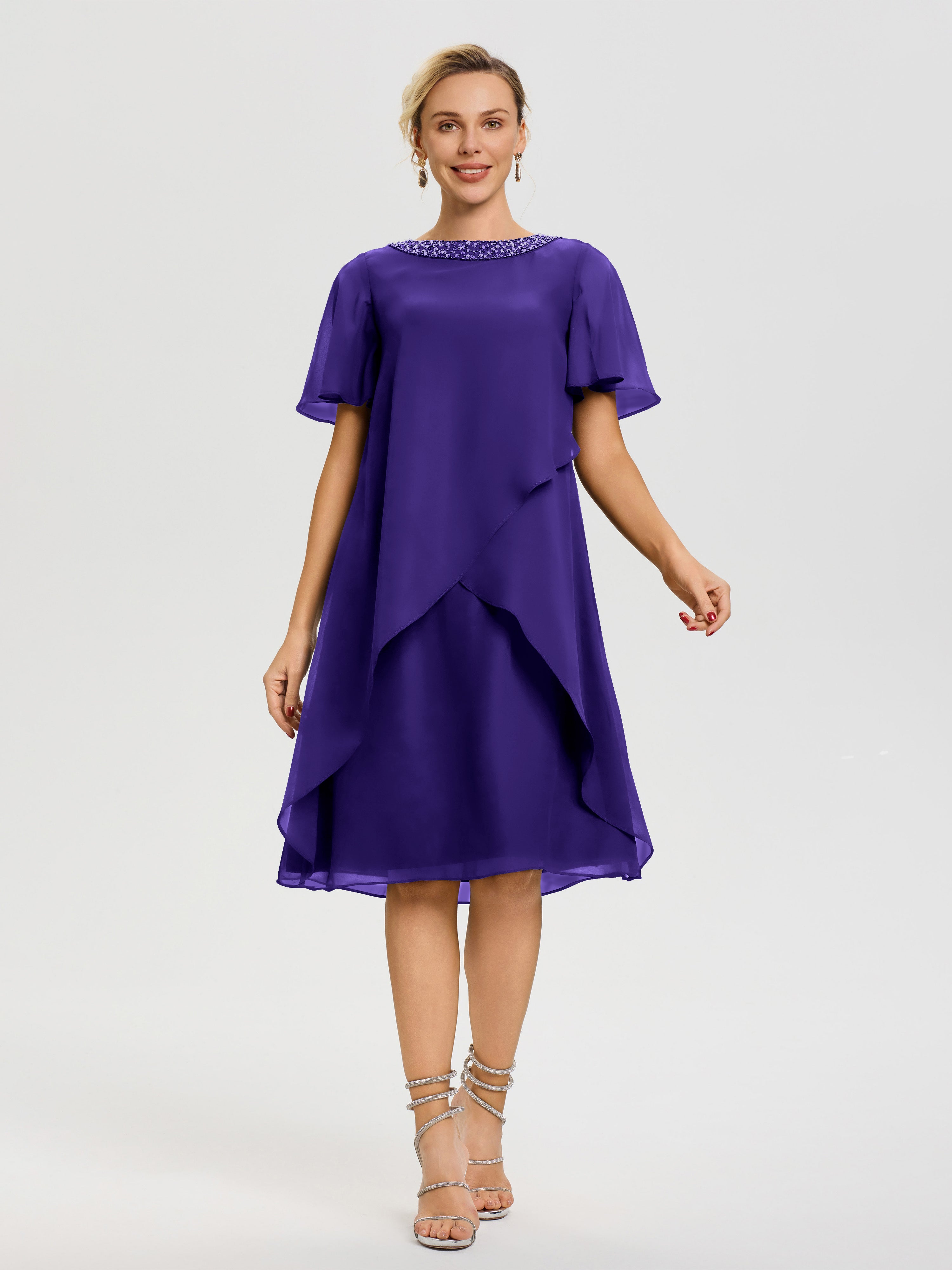 purple mother of bride dress Regency Purple Mother Of The Bride Dresses Jewel A-Line Short Sleeves Beading Knee Length Chiffon Mother Of The Bride Dress
