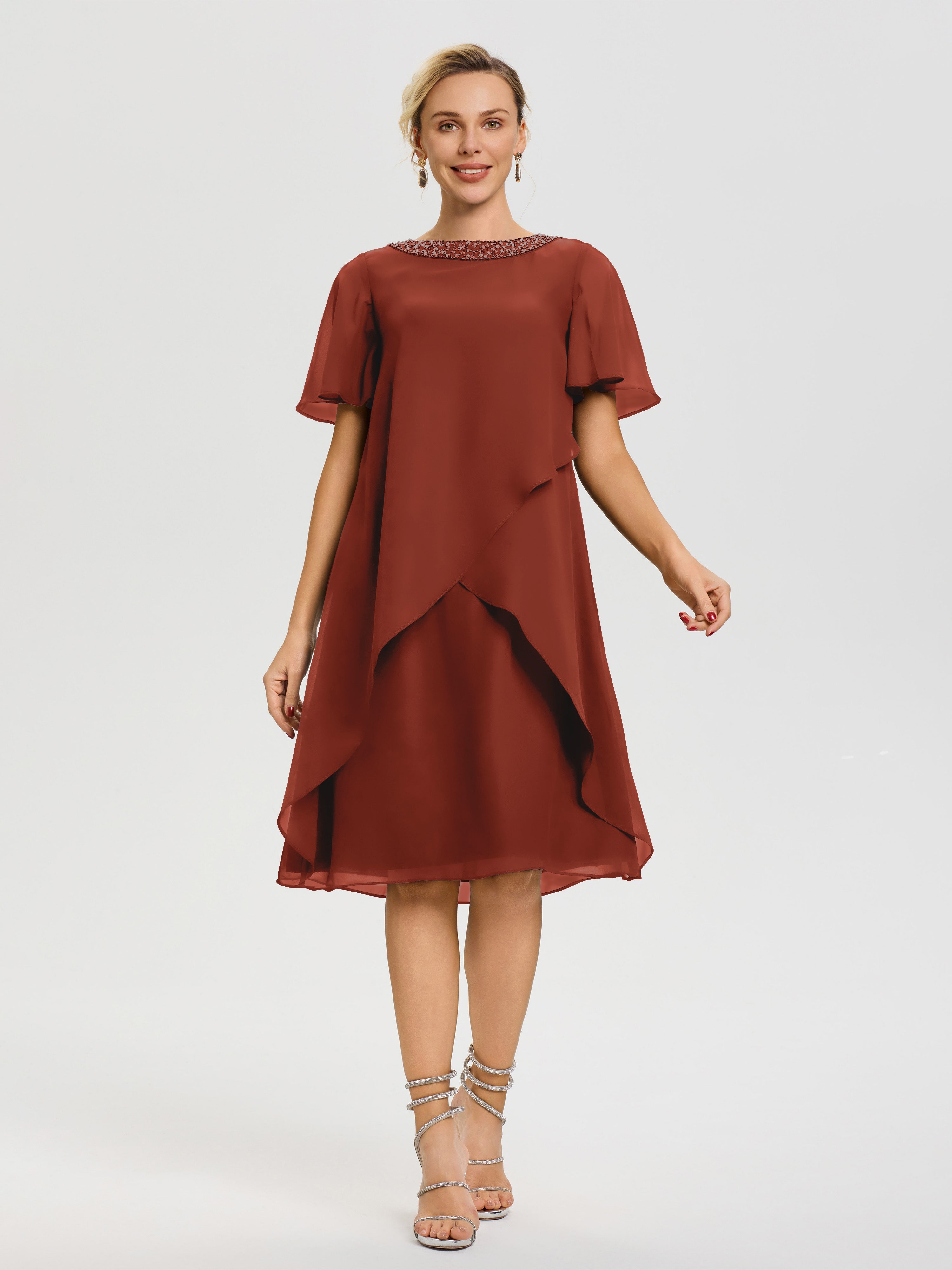 short rust dress Cicinia Rust Mother Of The Bride Dress Plus Size Short Chiffon A-line V-neck Knee Length