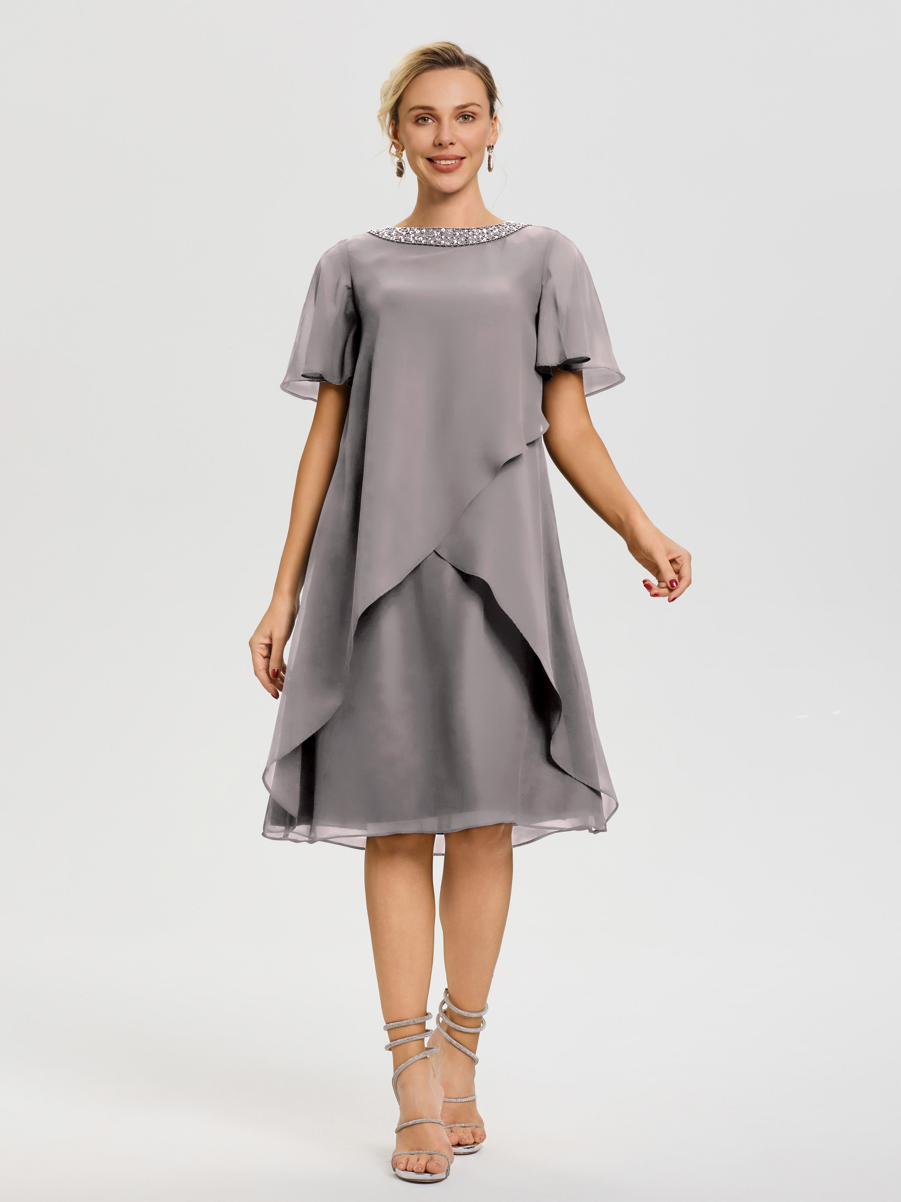silver mother of the bride dresses short Cicinia Silver Mother Of The Bride Dress Plus Size Short Chiffon Sheath Knee Length Dresses With Leaf-Shaped Beads