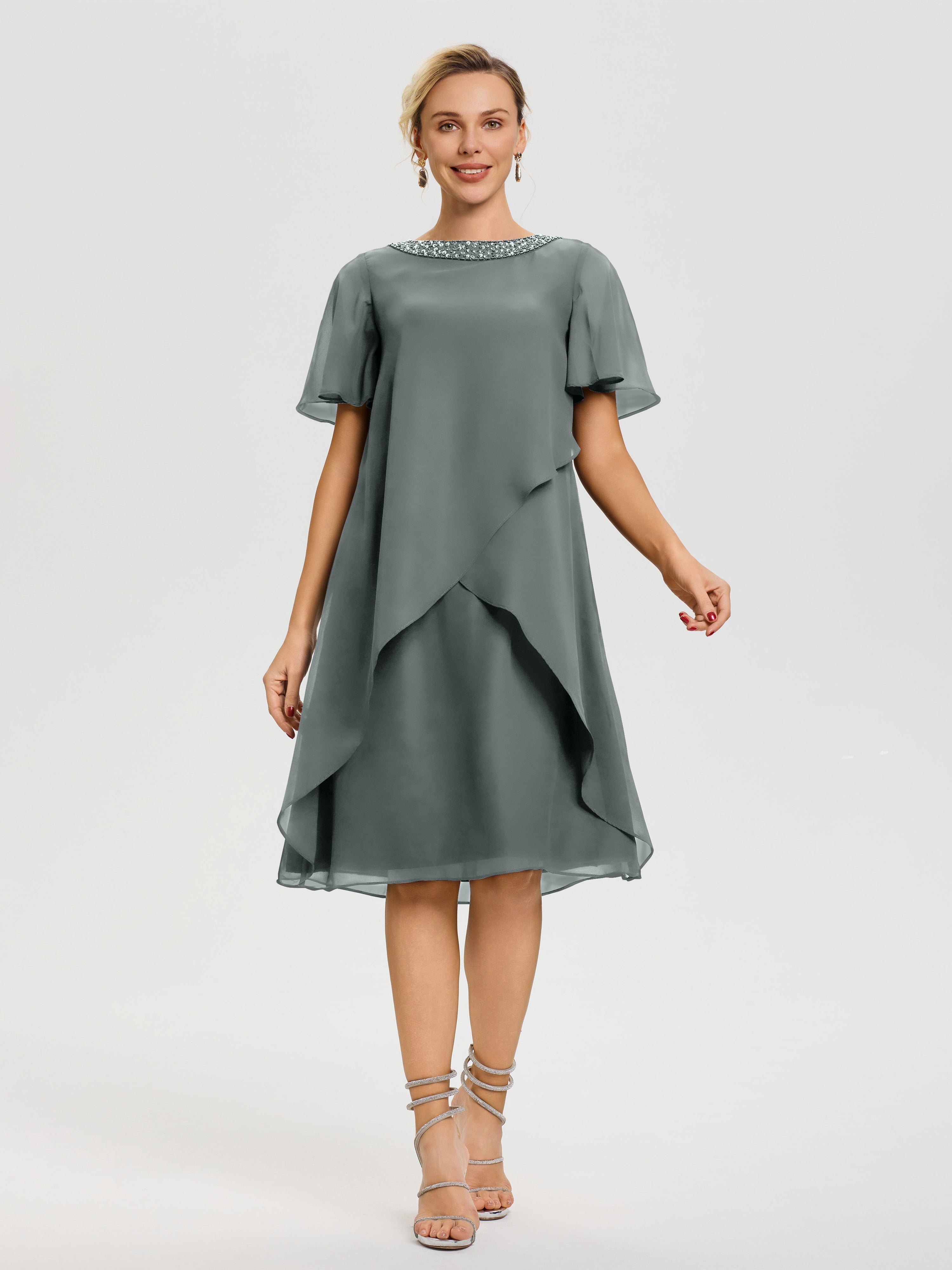 Mother Of Bride Steel Grey Dress Jewel A-Line Short Sleeves Beading Knee Length Chiffon Mother Of The Bride Dress Mother Of Bride Steel Grey Dress Jewel A-Line Short Sleeves Beading Knee Length Chiffon Mother Of The Bride Dress