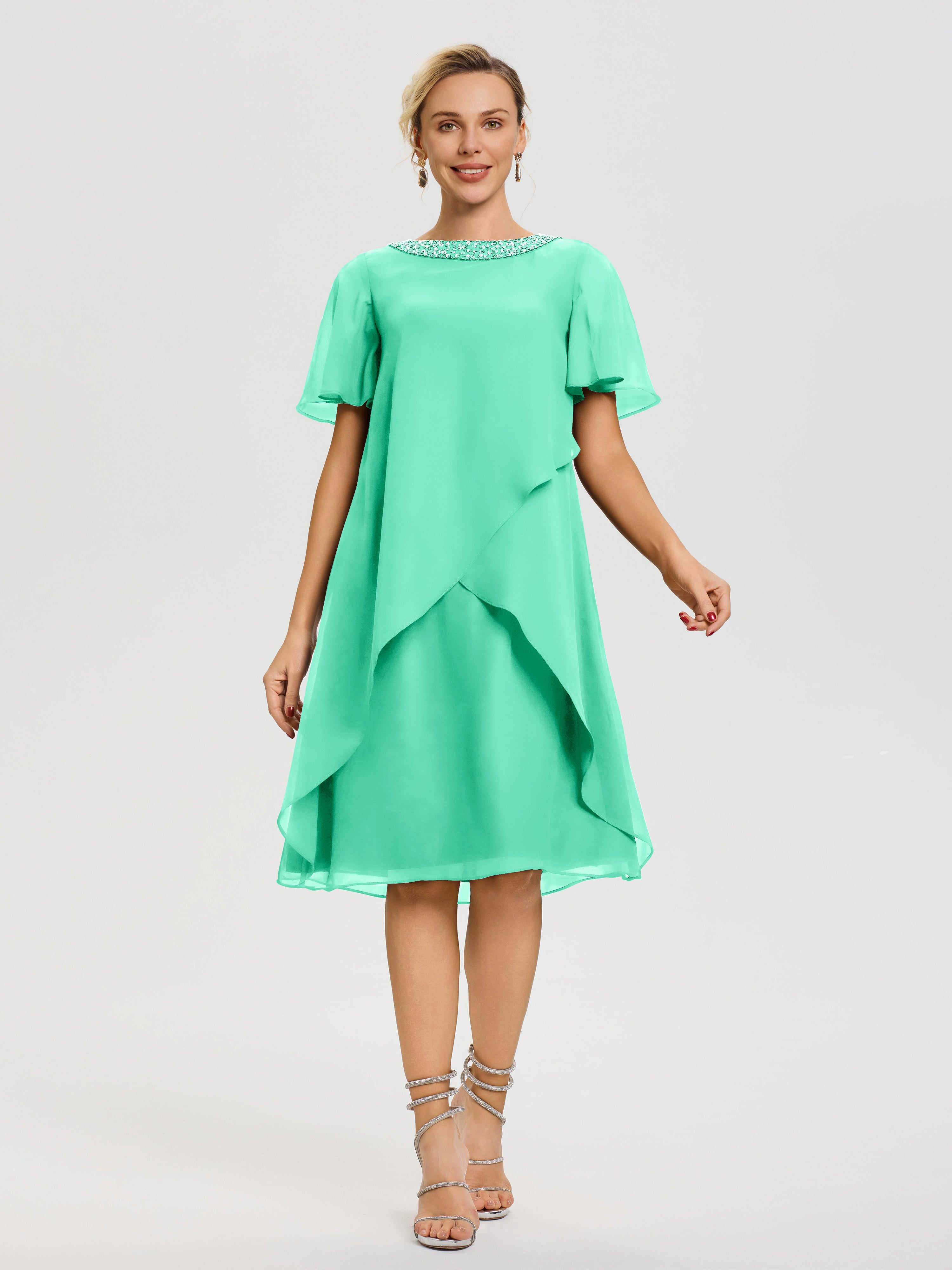Turquoise Mother Of The Bride Dresses Jewel A-Line Short Sleeves Beading Knee Length Chiffon Mother Of The Bride Dress Turquoise Mother Of The Bride Dresses Jewel A-Line Short Sleeves Beading Knee Length Chiffon Mother Of The Bride Dress