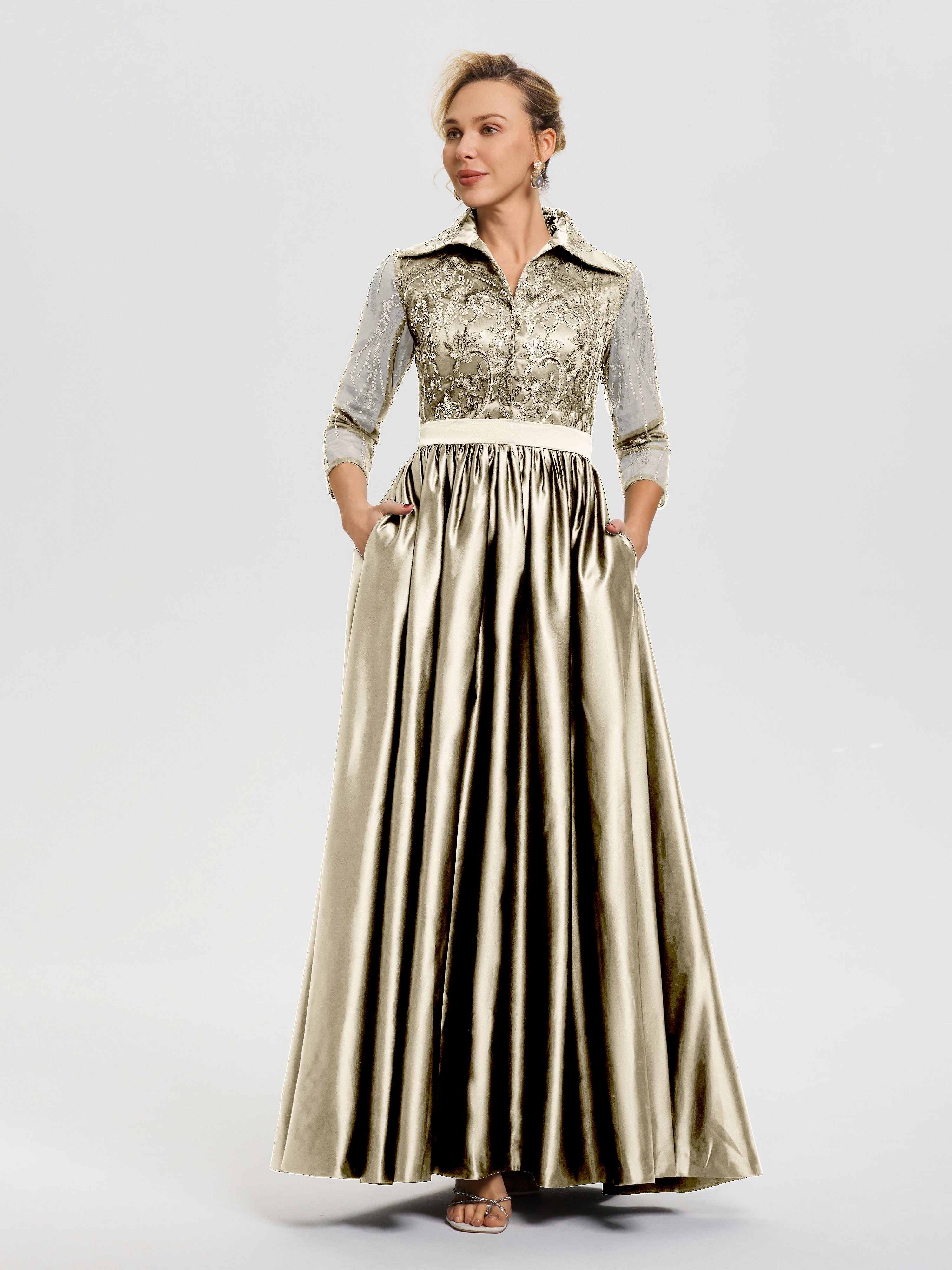Champagne Mother Of Bride Dresses Elegant 3/4 Sleeves Lace Sequins Bodice Satin Maxi Mother Of The Bride Dress With Pockets Champagne Mother Of Bride Dresses Elegant 3/4 Sleeves Lace Sequins Bodice Satin Maxi Mother Of The Bride Dress With Pockets