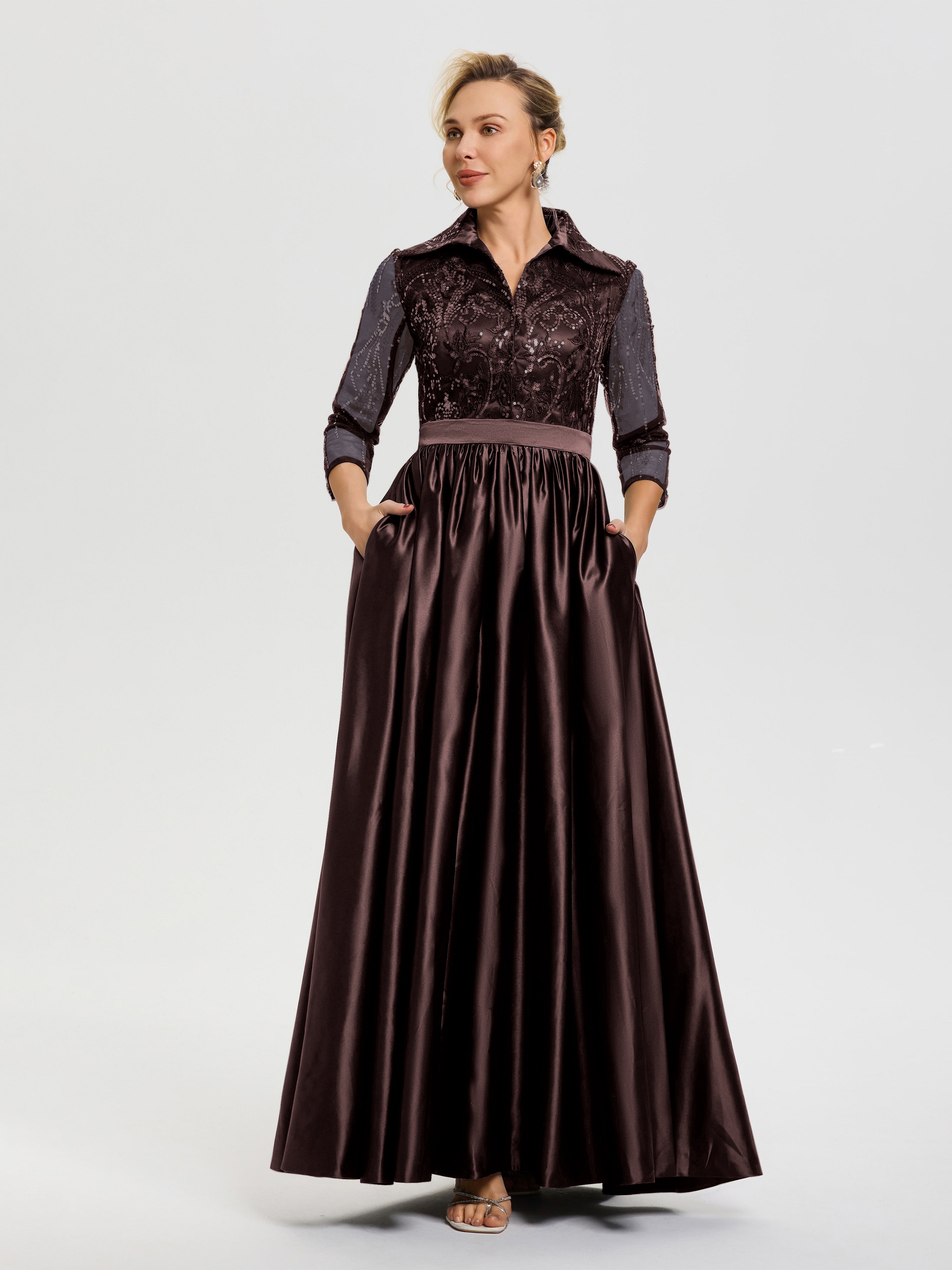 Chocolate Brown Mother Of The Bride Dress Elegant 3/4 Sleeves Lace Seq Chocolate Brown Mother Of The Bride Dress Elegant 3/4 Sleeves Lace Seq