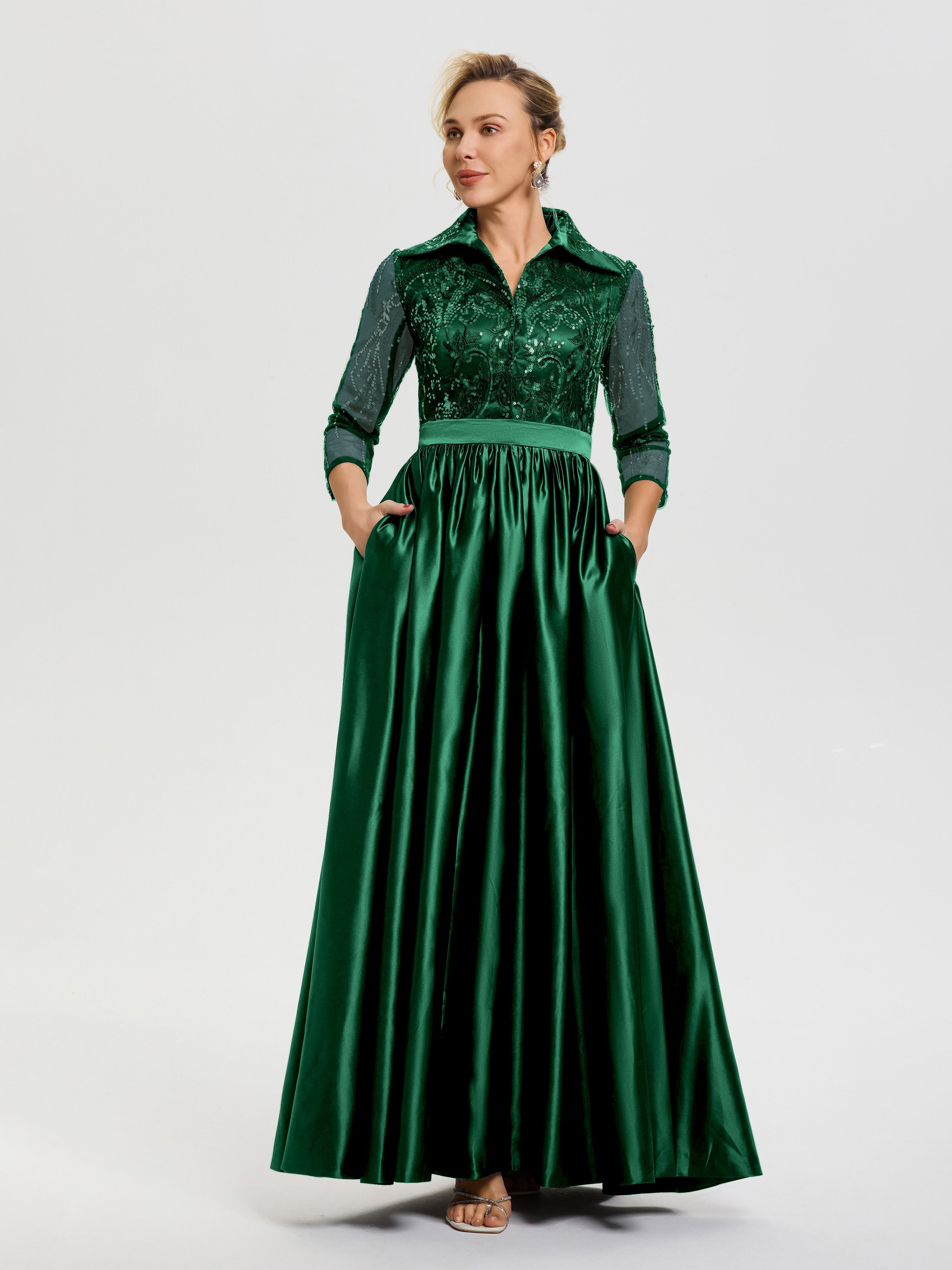 Mother Of The Bride Dark Green Dresses Elegant 3/4 Sleeves Lace Sequins Bodice Satin Maxi Mother Of The Bride Dress With Pockets Mother Of The Bride Dark Green Dresses Elegant 3/4 Sleeves Lace Sequins Bodice Satin Maxi Mother Of The Bride Dress With Pockets
