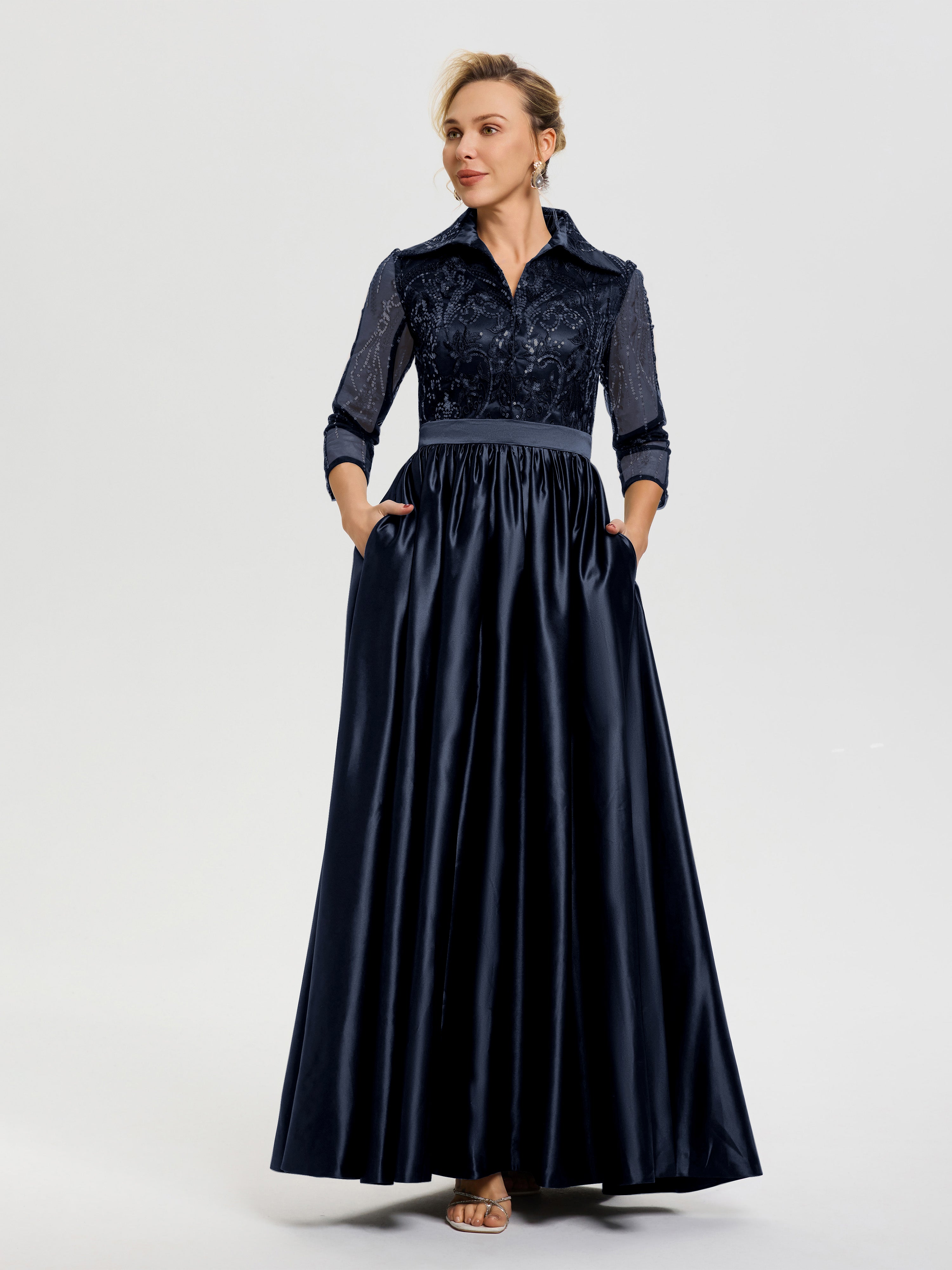 Dark Navy Blue Mother Of The Bride Long Dresses Elegant 3/4 Sleeves La Dark Navy Blue Mother Of The Bride Long Dresses Elegant 3/4 Sleeves La