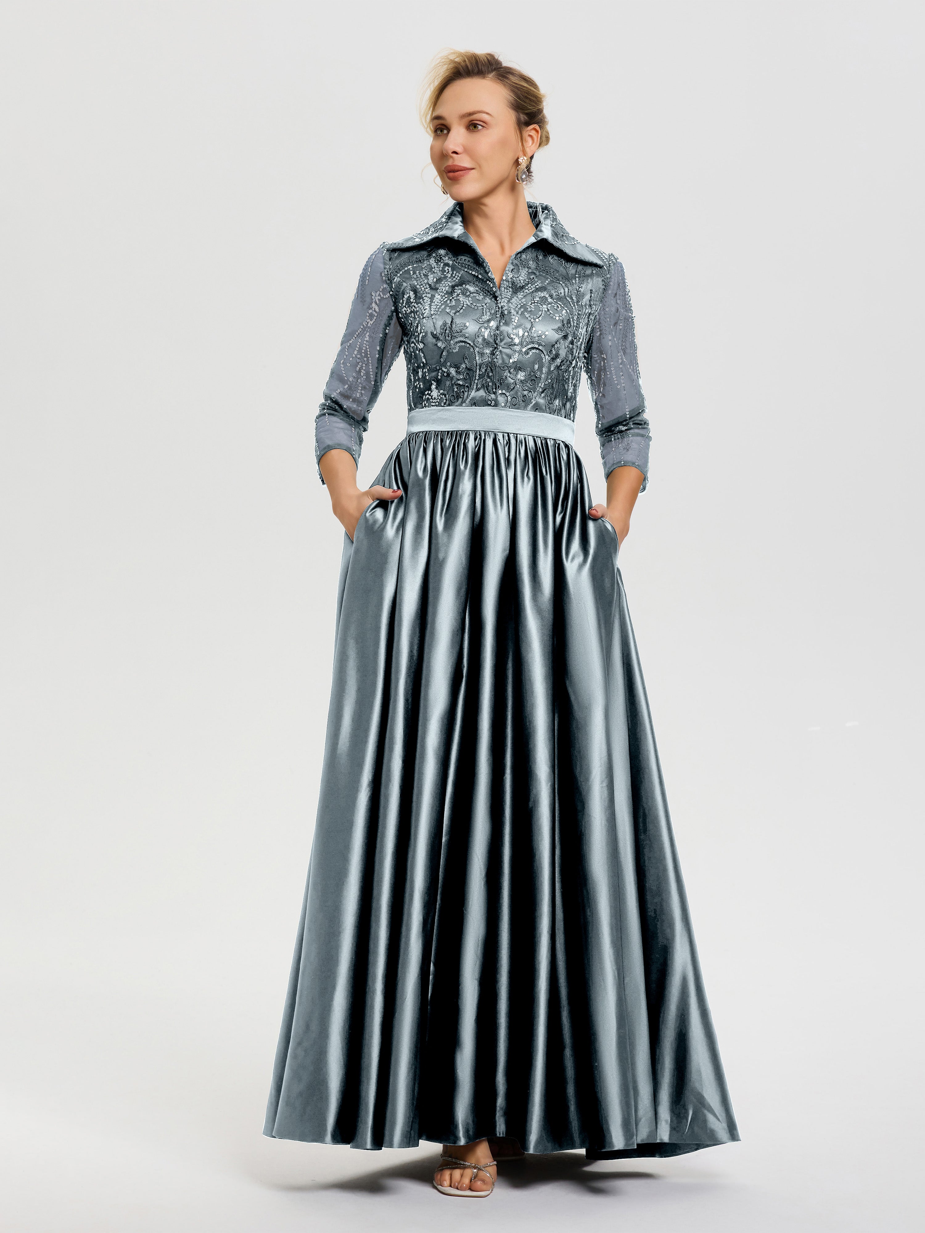 Mother Of The Bride Dress Dusty Blue Elegant 3/4 Sleeves Lace Sequins Mother Of The Bride Dress Dusty Blue Elegant 3/4 Sleeves Lace Sequins