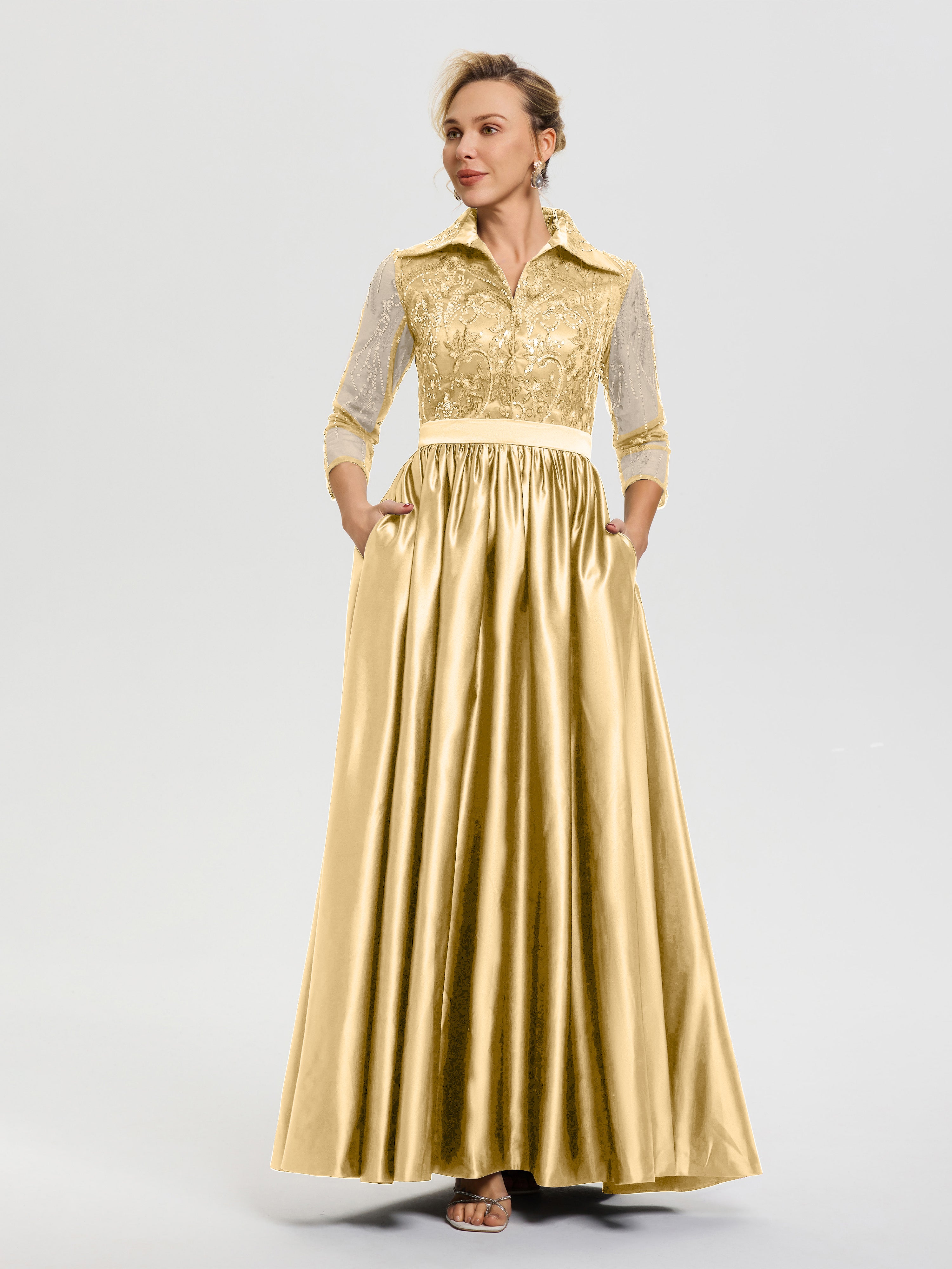 Mother Of The Bride Dresses Gold Color Elegant 3/4 Sleeves Lace Sequins Bodice Satin Maxi Mother Of The Bride Dress With Pockets Mother Of The Bride Dresses Gold Color Elegant 3/4 Sleeves Lace Sequins Bodice Satin Maxi Mother Of The Bride Dress With Pockets