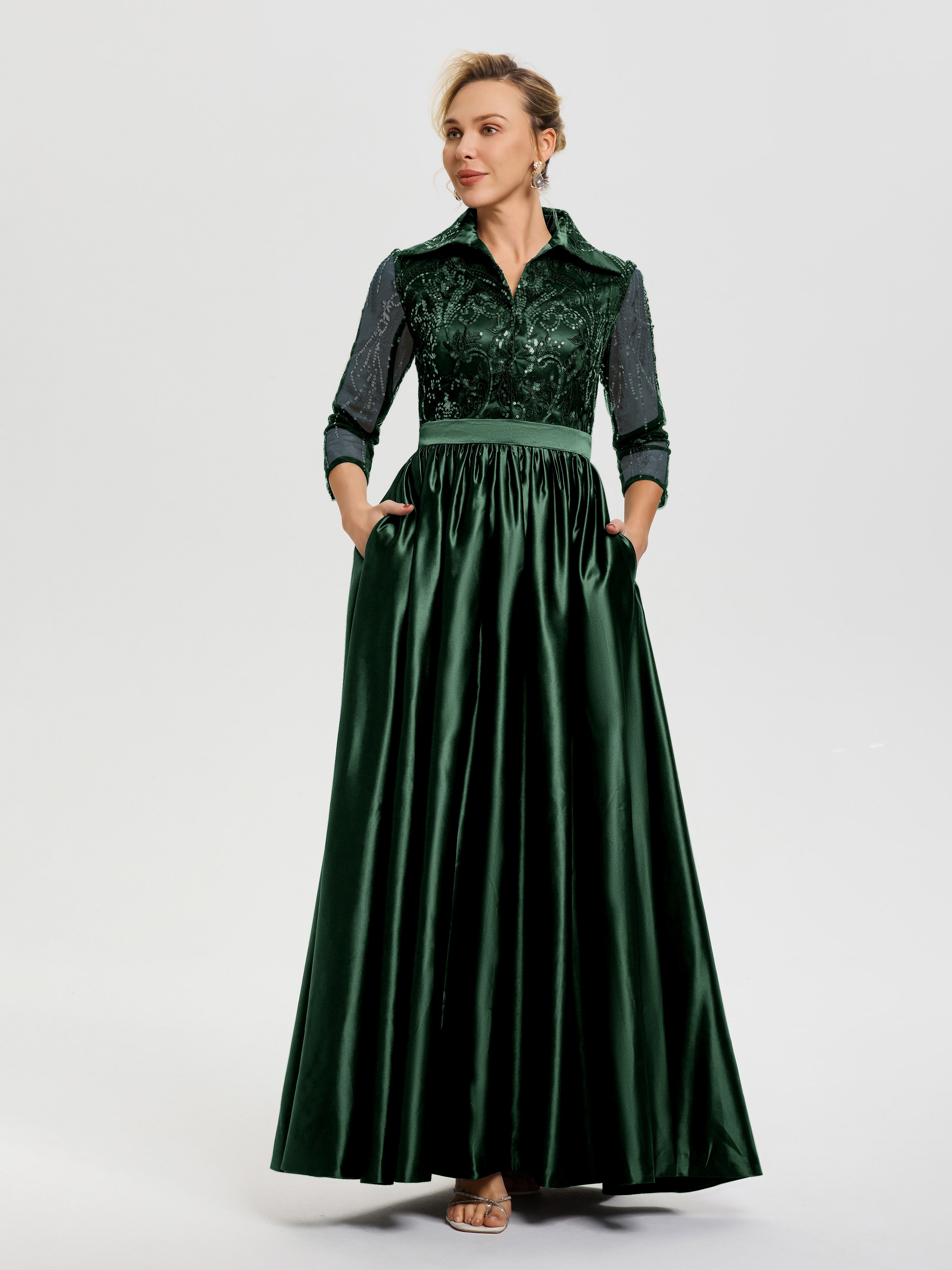 Hunter Green Mother Of The Bride Dress Elegant 3/4 Sleeves Lace Sequins Bodice Satin Maxi Mother Of The Bride Dress With Pockets Hunter Green Mother Of The Bride Dress Elegant 3/4 Sleeves Lace Sequins Bodice Satin Maxi Mother Of The Bride Dress With Pockets