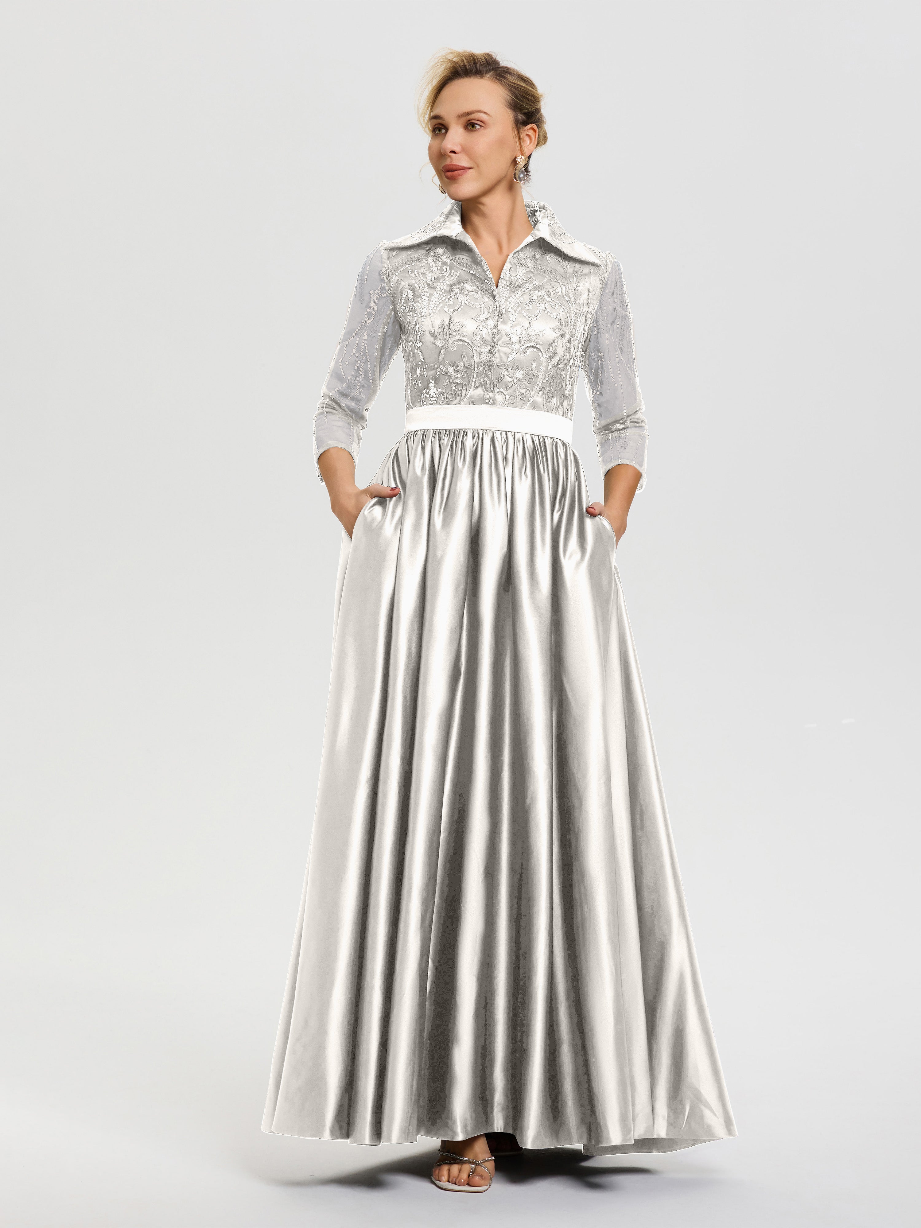 Ivory Lace Mother Of The Bride Dresses Elegant 3/4 Sleeves Lace Sequins Bodice Satin Maxi Mother Of The Bride Dress With Pockets Ivory Lace Mother Of The Bride Dresses Elegant 3/4 Sleeves Lace Sequins Bodice Satin Maxi Mother Of The Bride Dress With Pockets