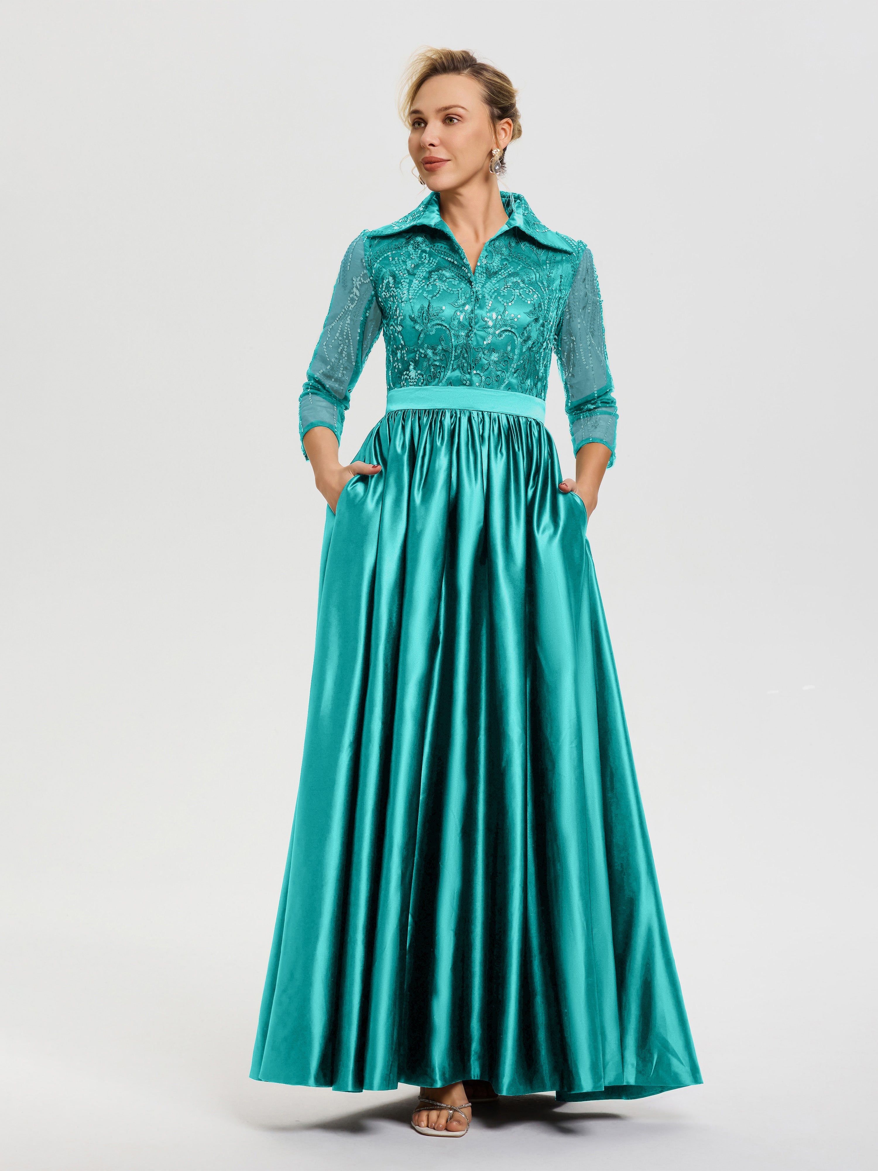 Mother Of The Bride Dresses Jade Elegant 3/4 Sleeves Lace Sequins Bodice Satin Maxi Mother Of The Bride Dress With Pockets Mother Of The Bride Dresses Jade Elegant 3/4 Sleeves Lace Sequins Bodice Satin Maxi Mother Of The Bride Dress With Pockets