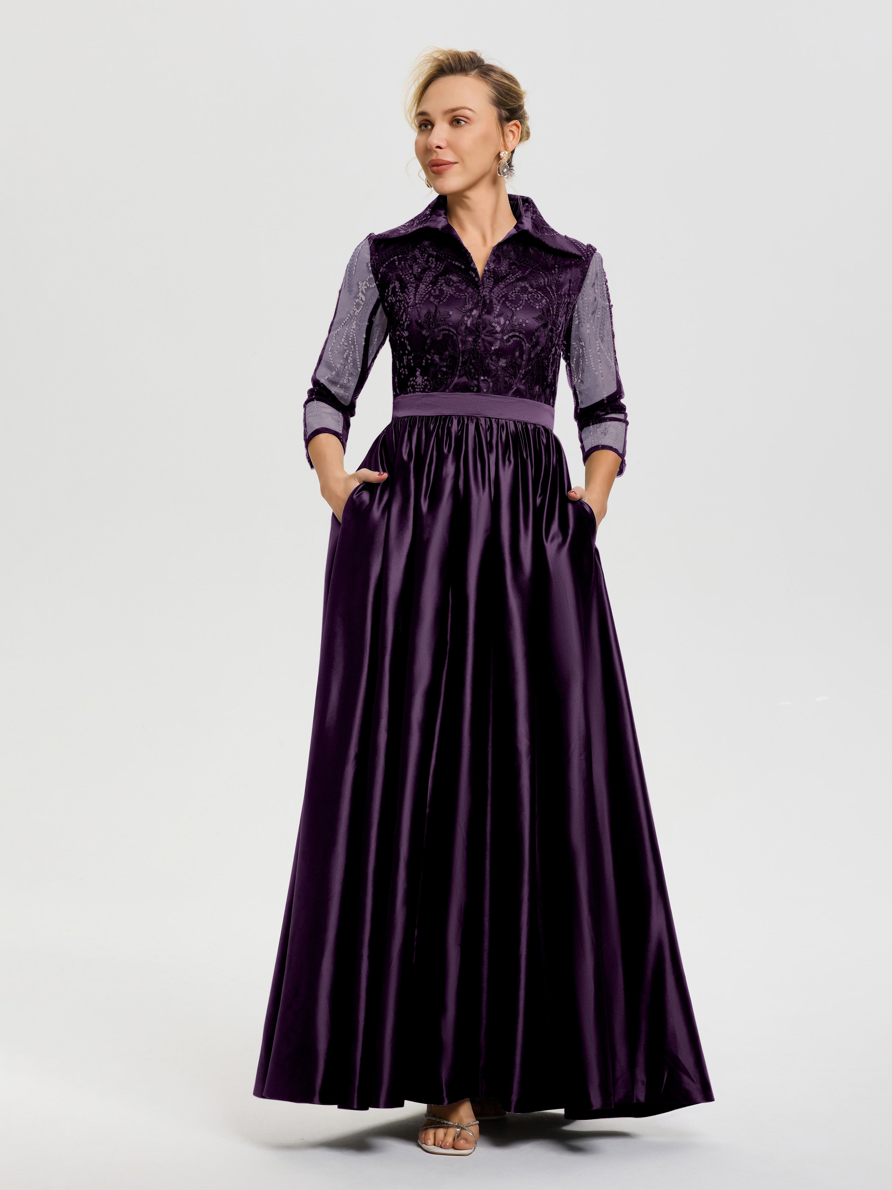 Mother Of The Bride Dresses Plum Elegant 3/4 Sleeves Lace Sequins Bodice Satin Maxi Mother Of The Bride Dress With Pockets Mother Of The Bride Dresses Plum Elegant 3/4 Sleeves Lace Sequins Bodice Satin Maxi Mother Of The Bride Dress With Pockets