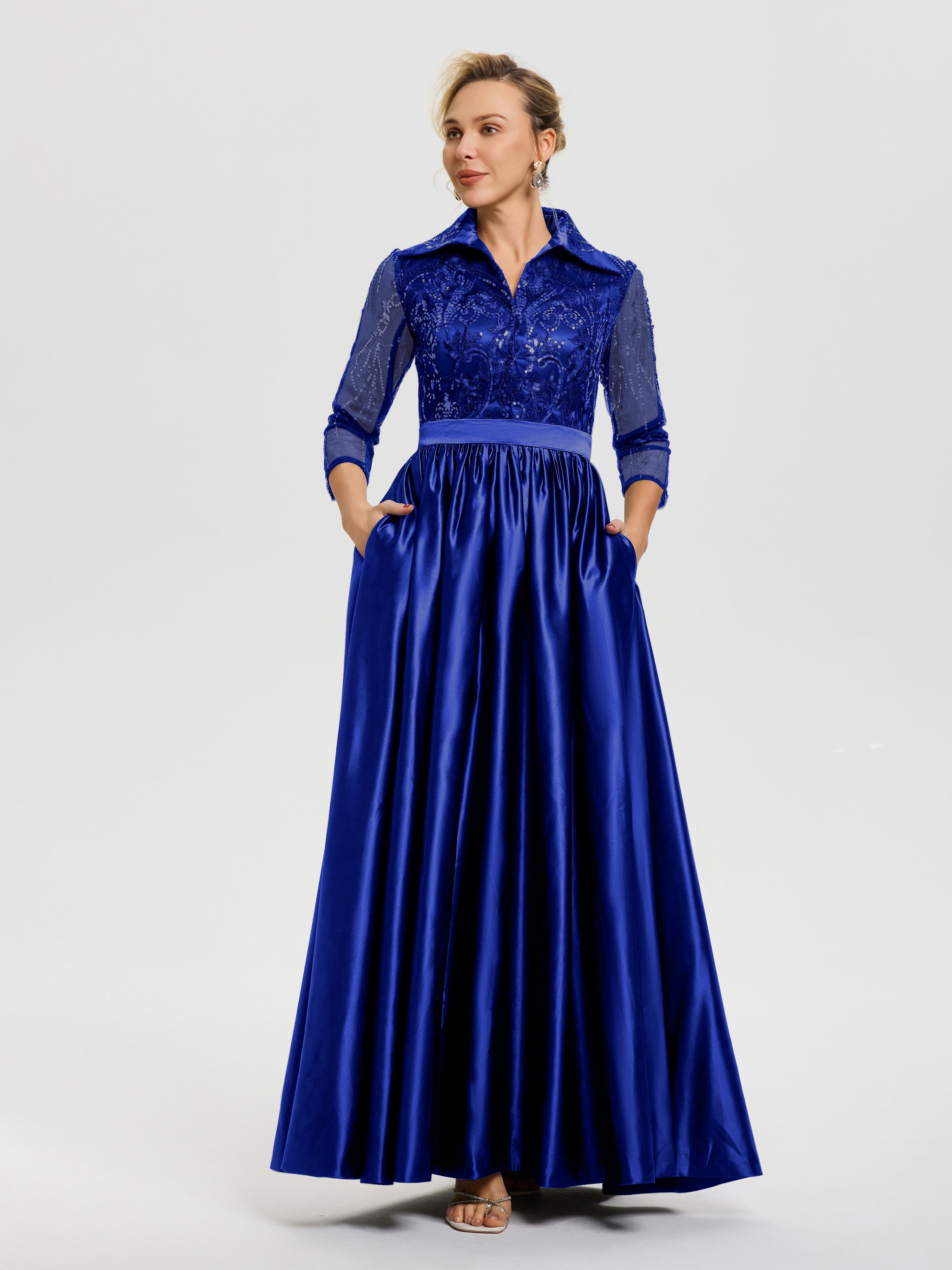 Mother Of The Bride Royal Blue Dresses Elegant 3/4 Sleeves Lace Sequins Bodice Satin Maxi Mother Of The Bride Dress With Pockets Mother Of The Bride Royal Blue Dresses Elegant 3/4 Sleeves Lace Sequins Bodice Satin Maxi Mother Of The Bride Dress With Pockets