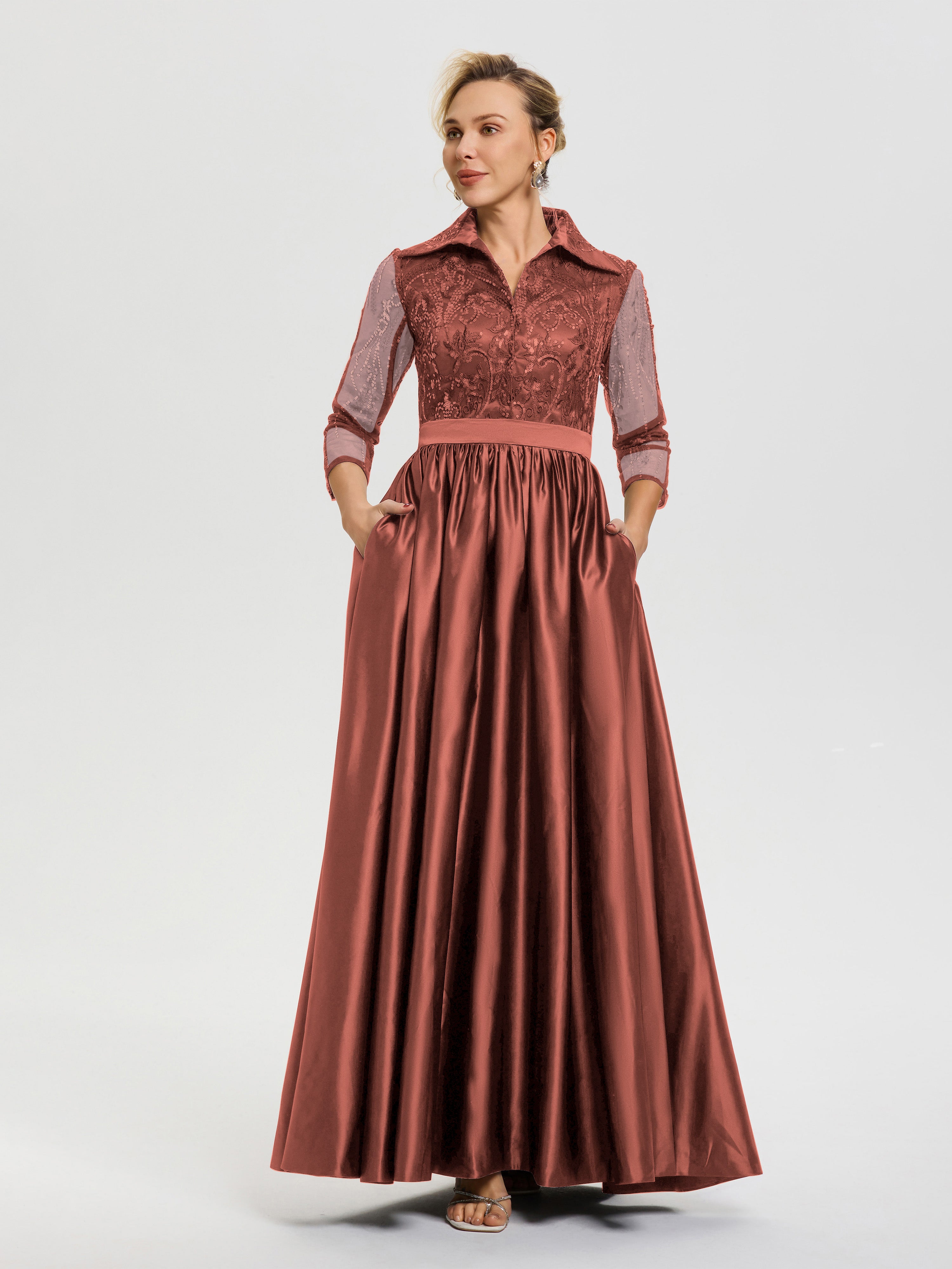 Rust Colored Mother Of The Bride Dress Elegant 3/4 Sleeves Lace Sequins Bodice Satin Maxi Mother Of The Bride Dress With Pockets Rust Colored Mother Of The Bride Dress Elegant 3/4 Sleeves Lace Sequins Bodice Satin Maxi Mother Of The Bride Dress With Pockets