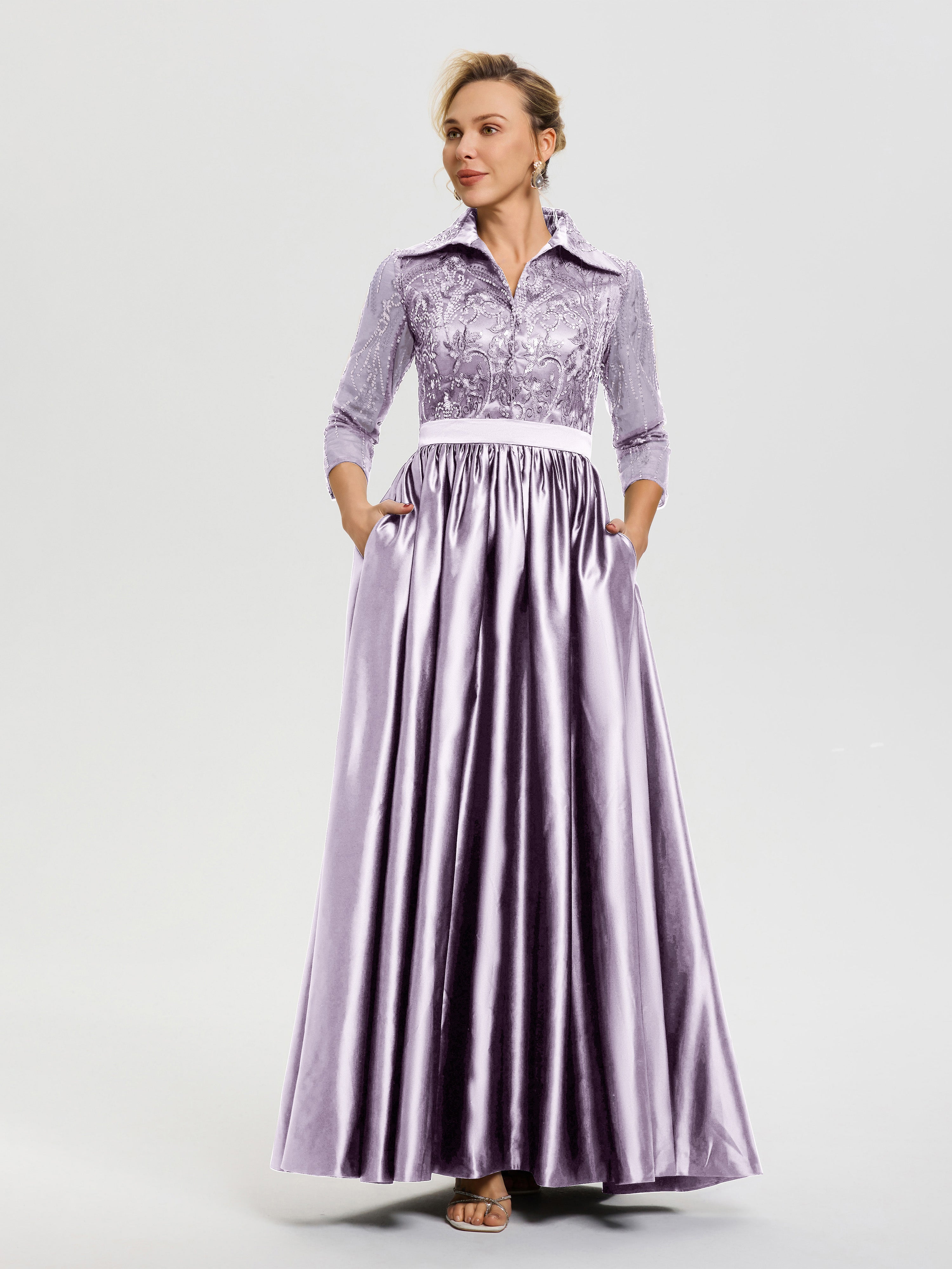 Vintage Mauve Boho Mother Of The Bride Dresses Elegant 3/4 Sleeves Lace Sequins Bodice Satin Maxi Mother Of The Bride Dress With Pockets Vintage Mauve Boho Mother Of The Bride Dresses Elegant 3/4 Sleeves Lace Sequins Bodice Satin Maxi Mother Of The Bride Dress With Pockets