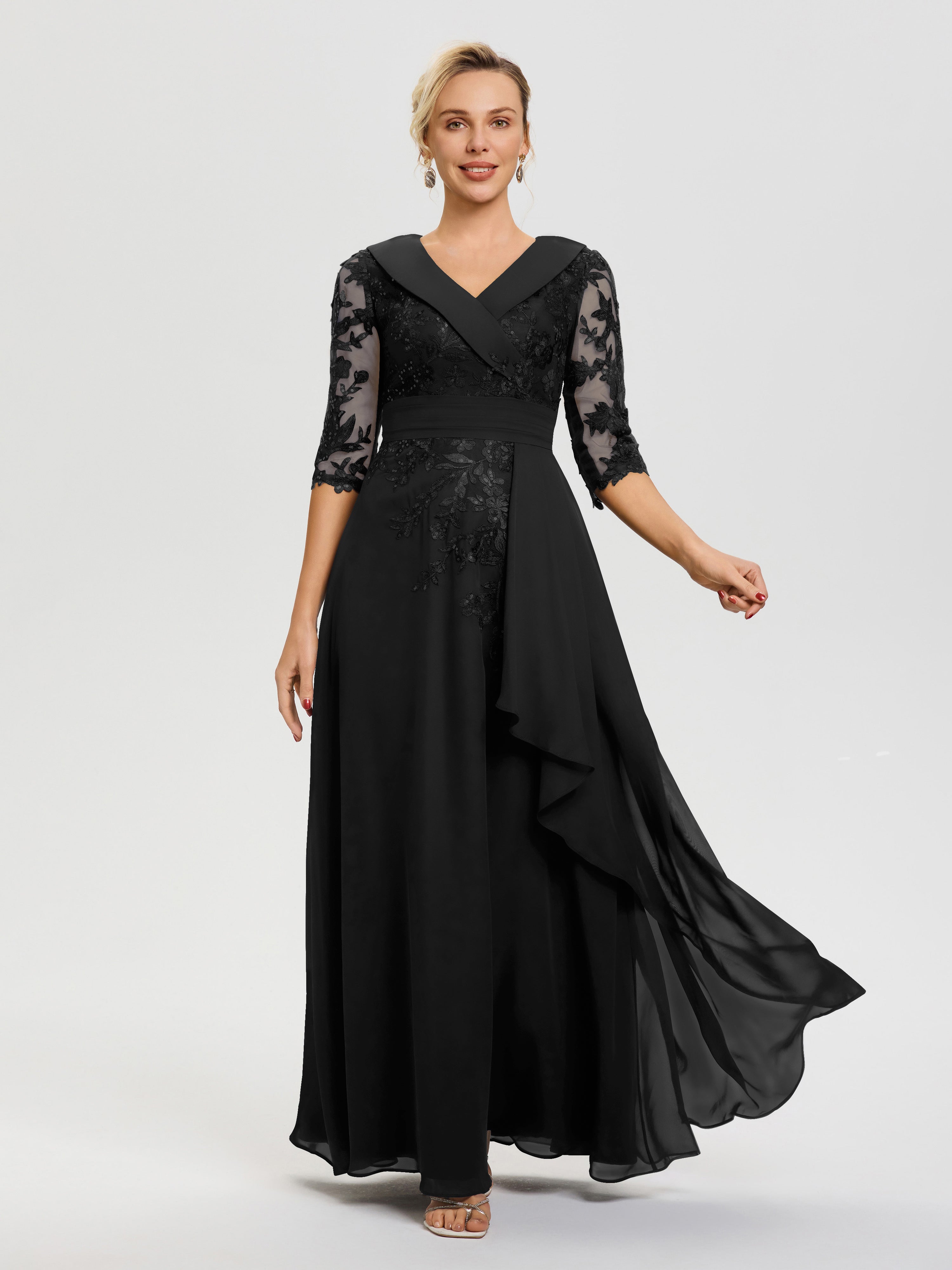 Black And White Mother Of The Bride Dress A Line V Neck 3/4 Illusion Sleeves Appliqued Chiffon Floor Length Mother Of The Bride Dresses Black And White Mother Of The Bride Dress A Line V Neck 3/4 Illusion Sleeves Appliqued Chiffon Floor Length Mother Of The Bride Dresses
