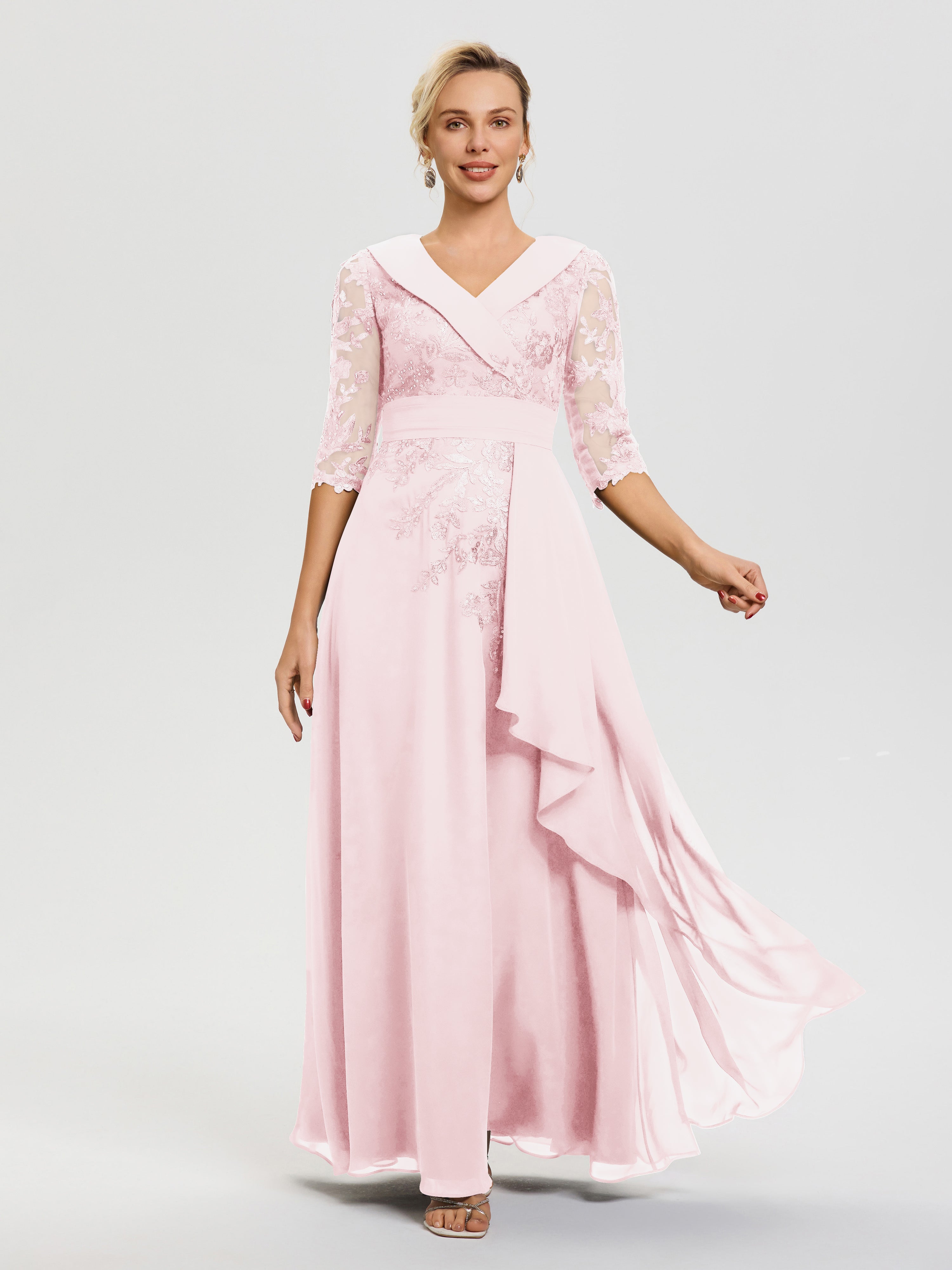 pink mob dresses Mother Of The Bride Dresses Blush Pink A Line V Neck 3/4 Illusion Slee
