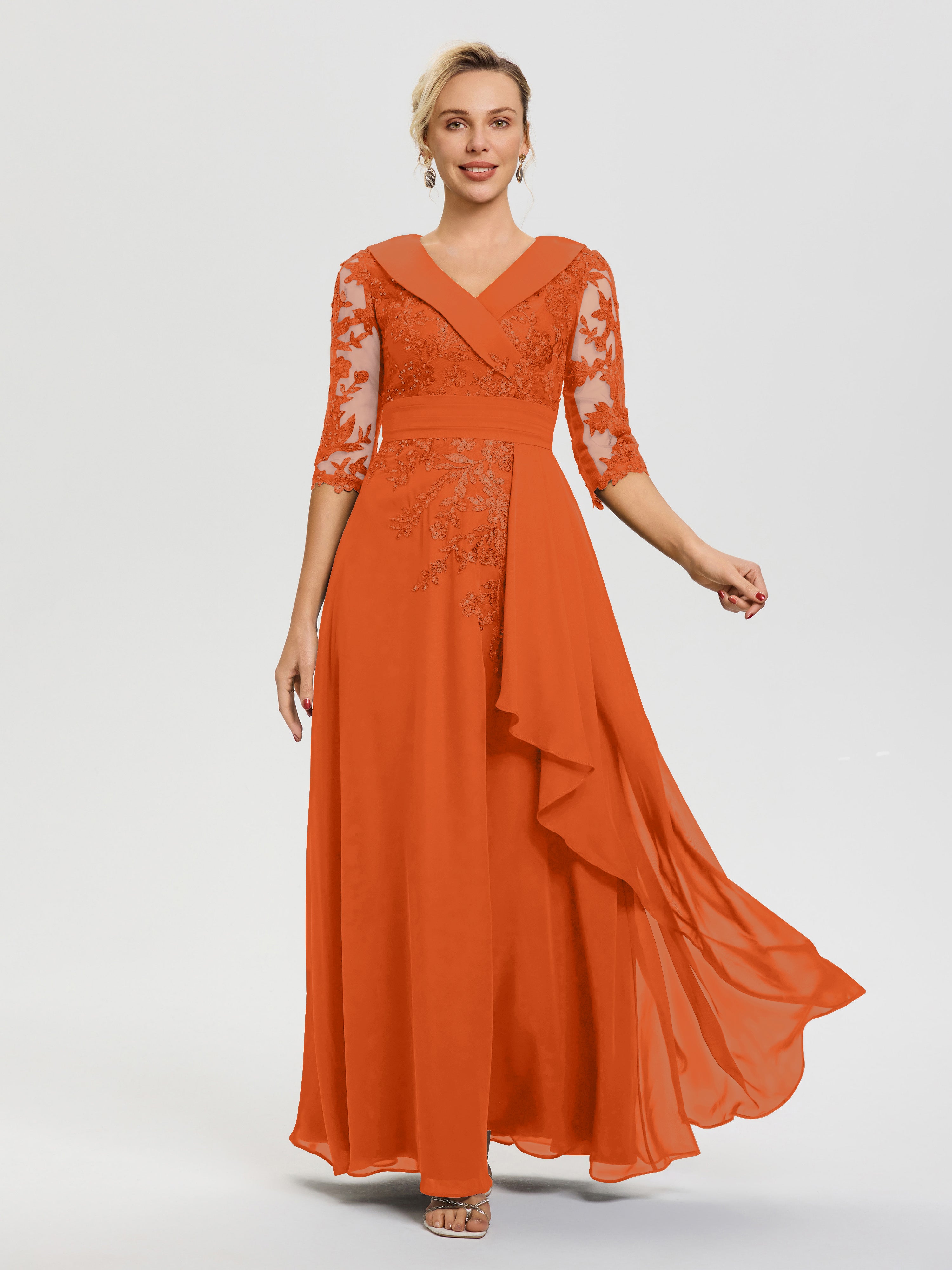 Burnt Orange Mother of Bride Dress A Line V Neck 3/4 Illusion Sleeves Appliqued Chiffon Floor Length Mother of The Bride Dresses Burnt Orange Mother of Bride Dress A Line V Neck 3/4 Illusion Sleeves Appliqued Chiffon Floor Length Mother of The Bride Dresses