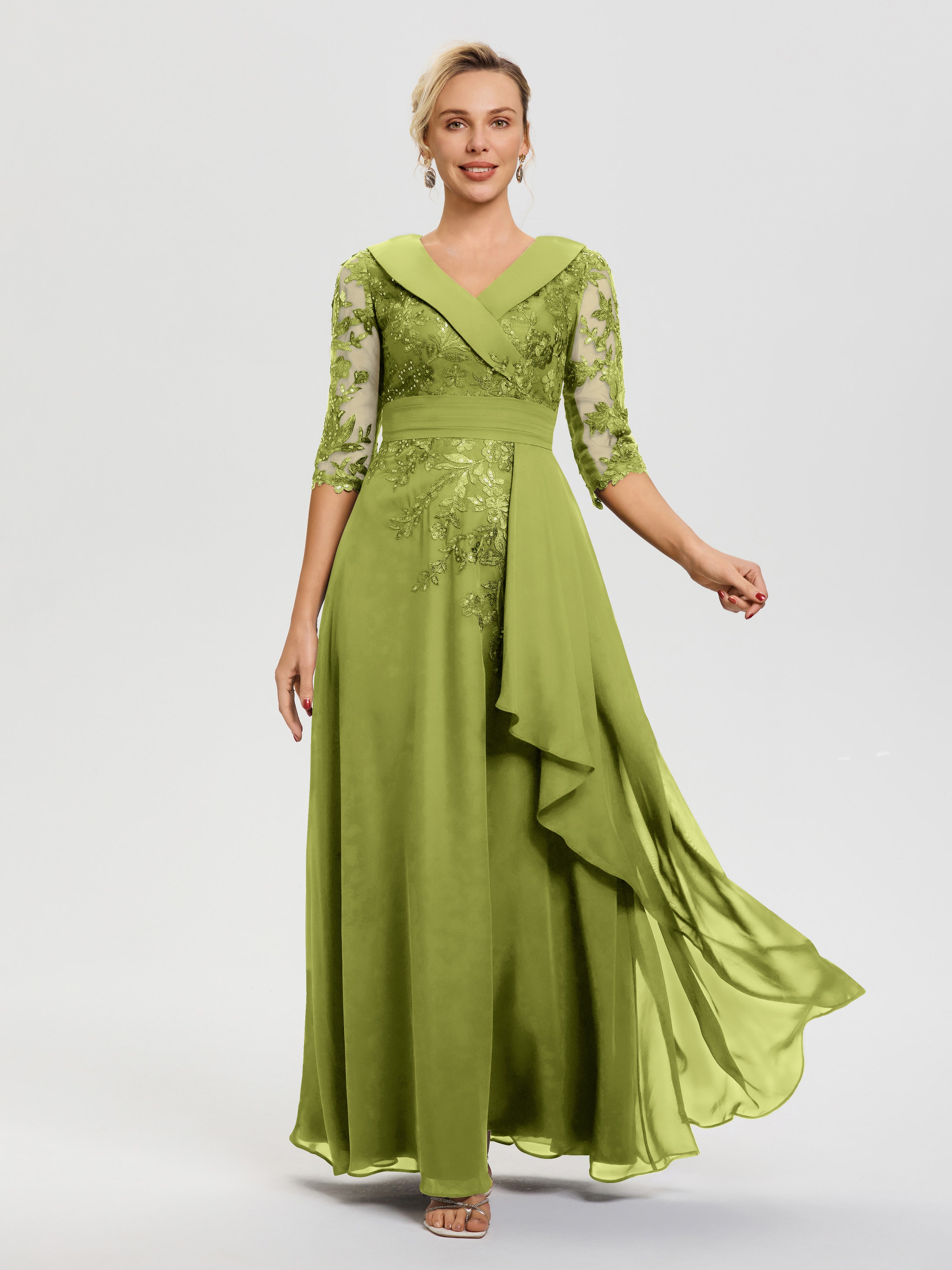 Clover Color Mother Of The Bride Dresses A Line V Neck 3/4 Illusion Sleeves Appliqued Chiffon Floor Length Mother Of The Bride Dresses Clover Color Mother Of The Bride Dresses A Line V Neck 3/4 Illusion Sleeves Appliqued Chiffon Floor Length Mother Of The Bride Dresses