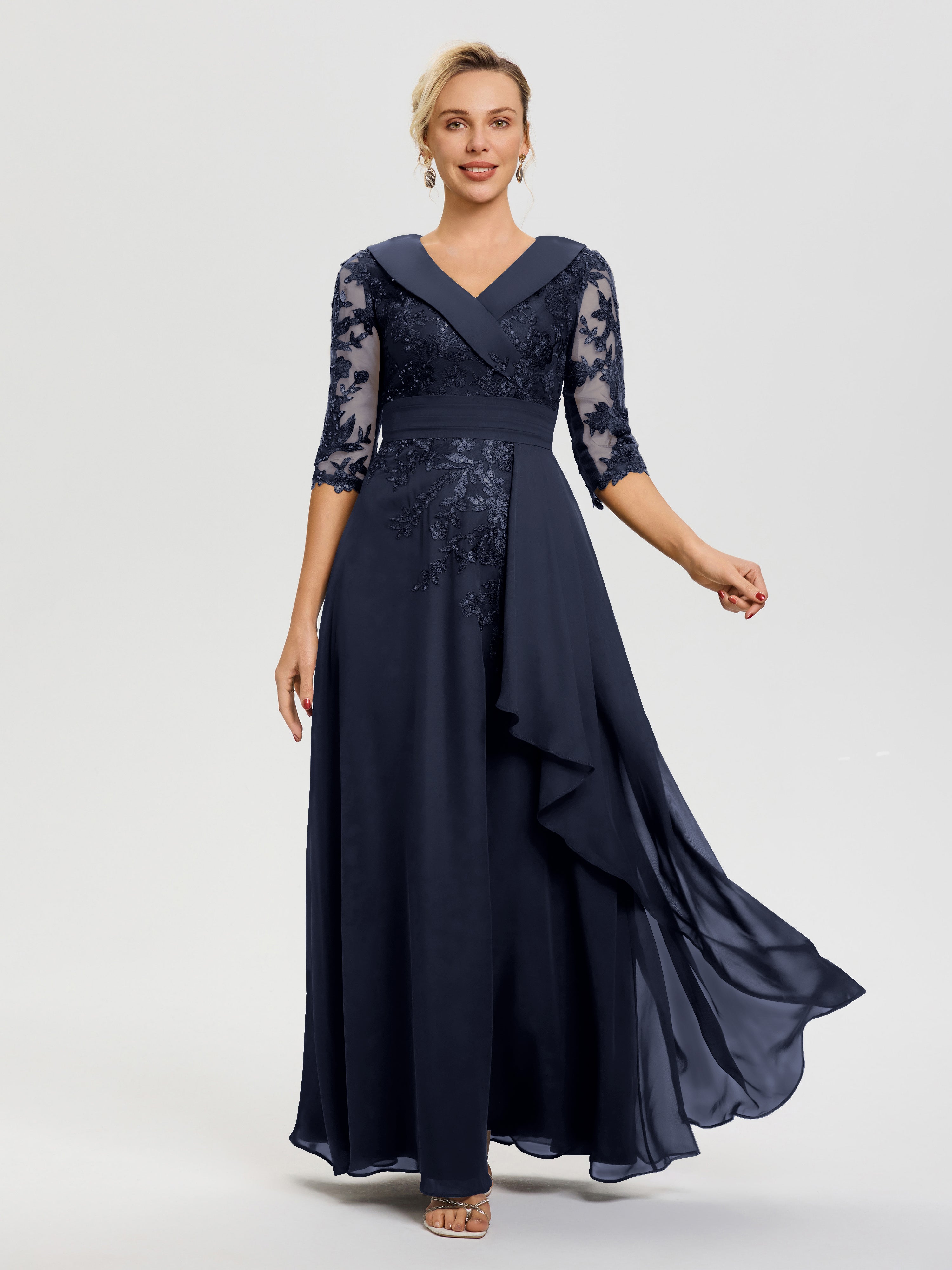 Navy Mother Of The Bride Dress With Sleeves A Line V Neck 3/4 Illusion