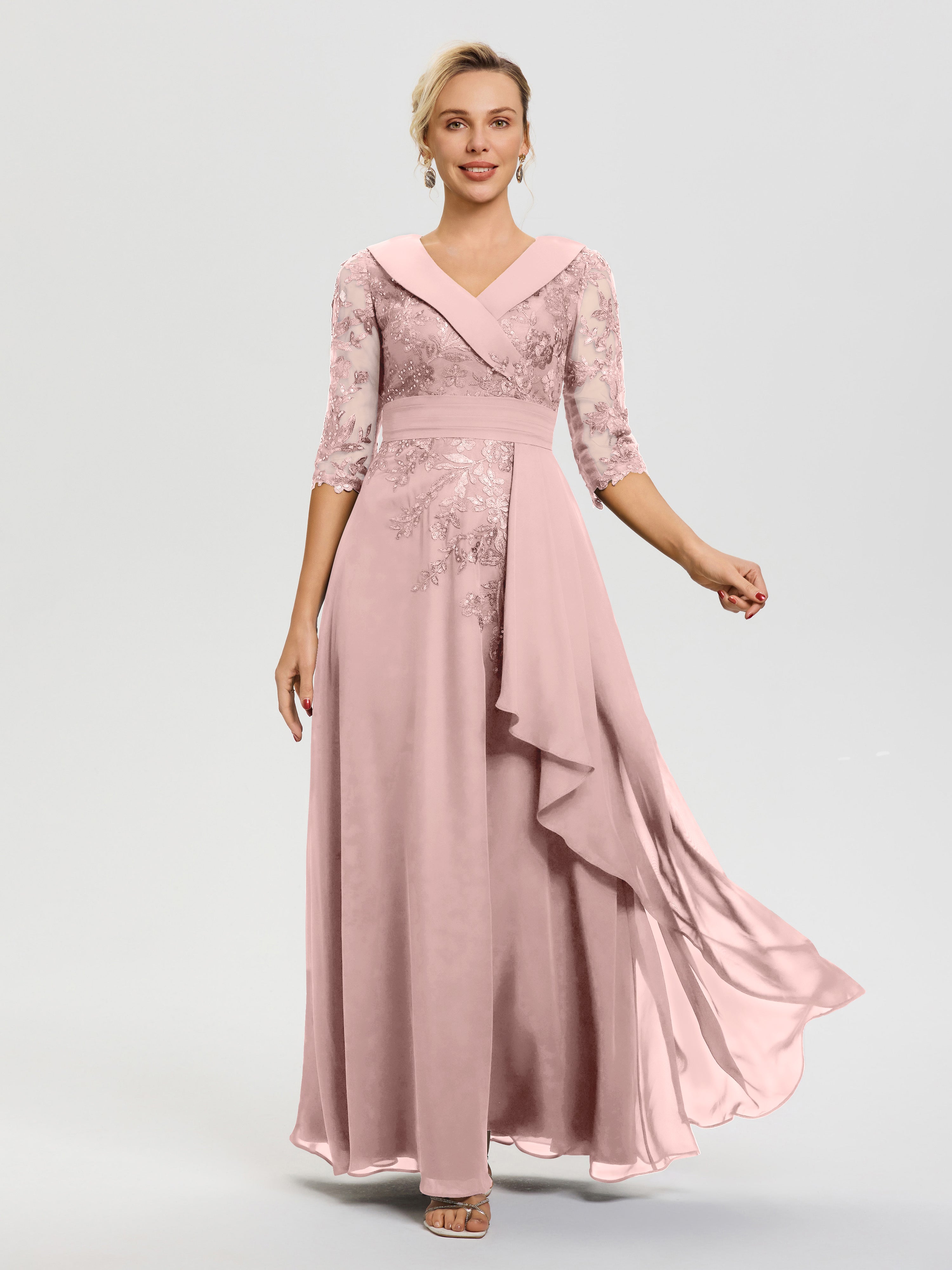 Dusty Rose Mother Of Bride Dresses A Line V Neck 3/4 Illusion Sleeves Appliqued Chiffon Floor Length Mother Of The Bride Dresses Dusty Rose Mother Of Bride Dresses A Line V Neck 3/4 Illusion Sleeves Appliqued Chiffon Floor Length Mother Of The Bride Dresses