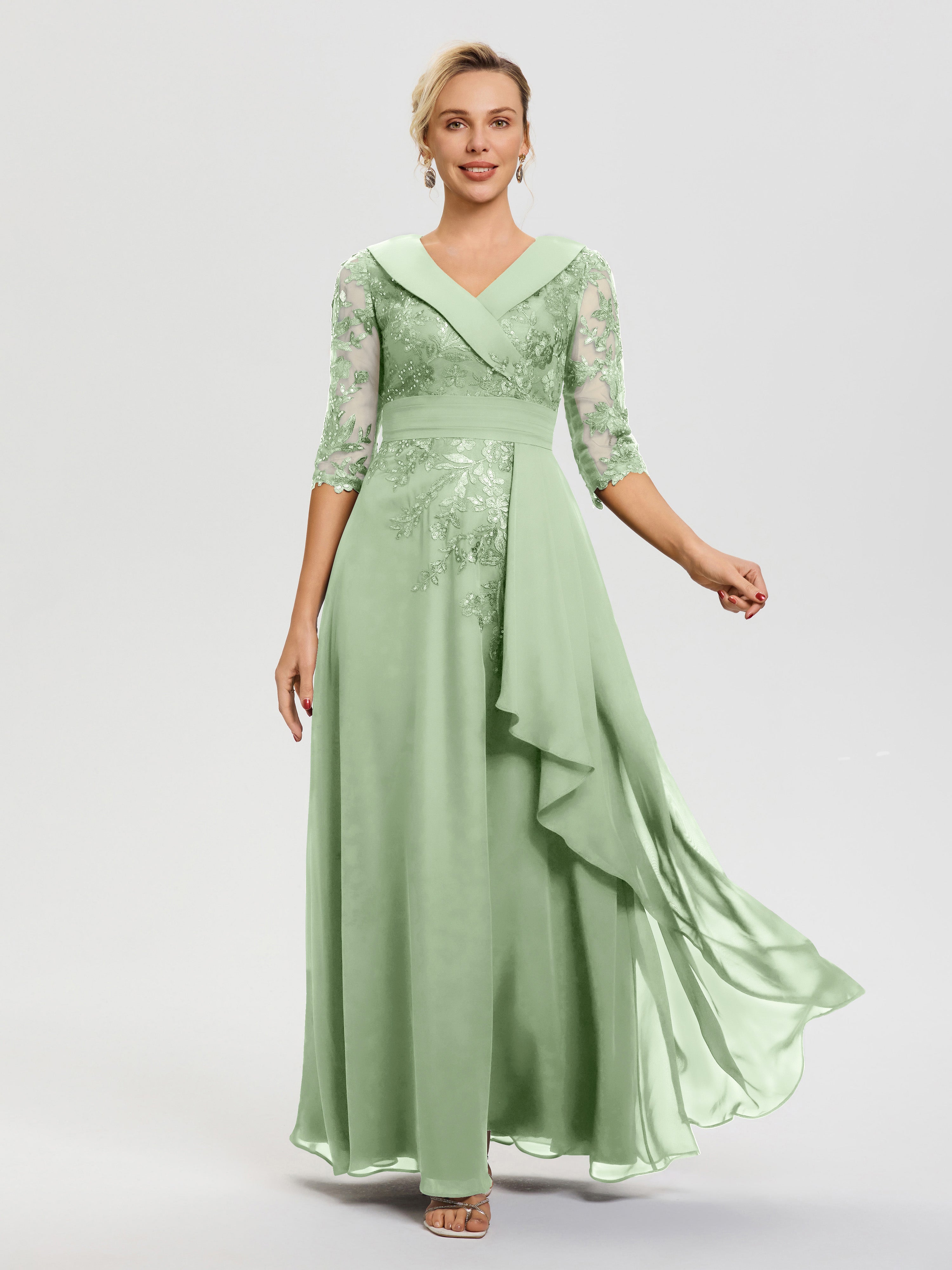 Dusty Sage Mother Of The Bride Dresses A Line V Neck 3/4 Illusion Sleeves Appliqued Chiffon Floor Length Mother Of The Bride Dresses Dusty Sage Mother Of The Bride Dresses A Line V Neck 3/4 Illusion Sleeves Appliqued Chiffon Floor Length Mother Of The Bride Dresses