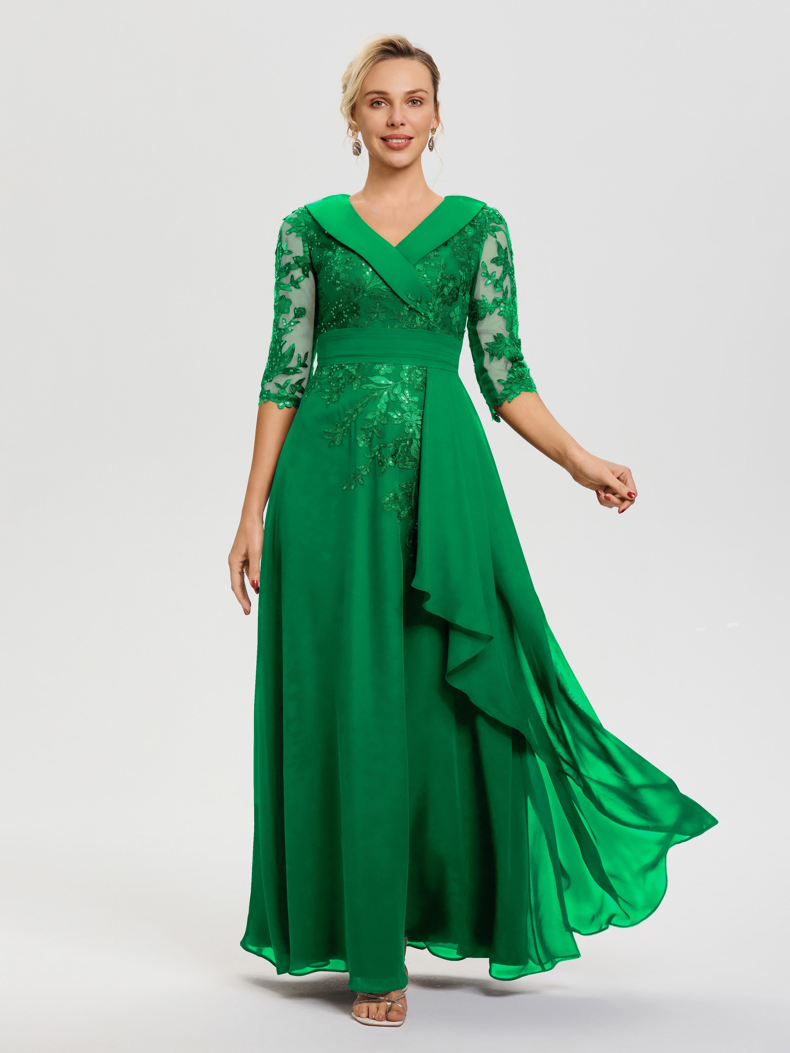 Mother Of The Bride Emerald Green A Line V Neck 3/4 Illusion Sleeves Appliqued Chiffon Floor Length Mother Of The Bride Dresses Mother Of The Bride Emerald Green A Line V Neck 3/4 Illusion Sleeves Appliqued Chiffon Floor Length Mother Of The Bride Dresses