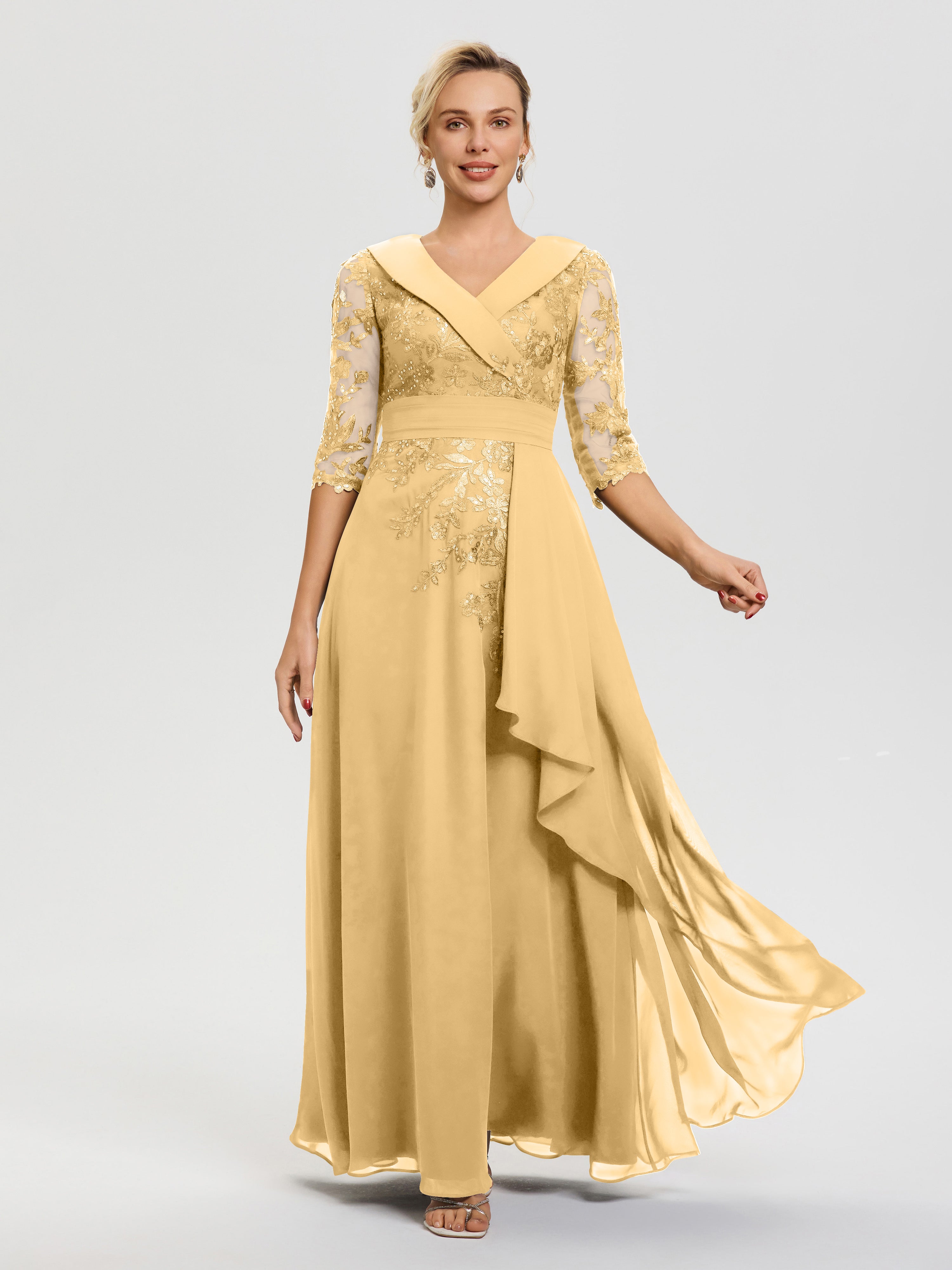 Mother Of Bride Gold Dress A Line V Neck 3/4 Illusion Sleeves Appliqued Chiffon Floor Length Mother Of The Bride Dresses Mother Of Bride Gold Dress A Line V Neck 3/4 Illusion Sleeves Appliqued Chiffon Floor Length Mother Of The Bride Dresses