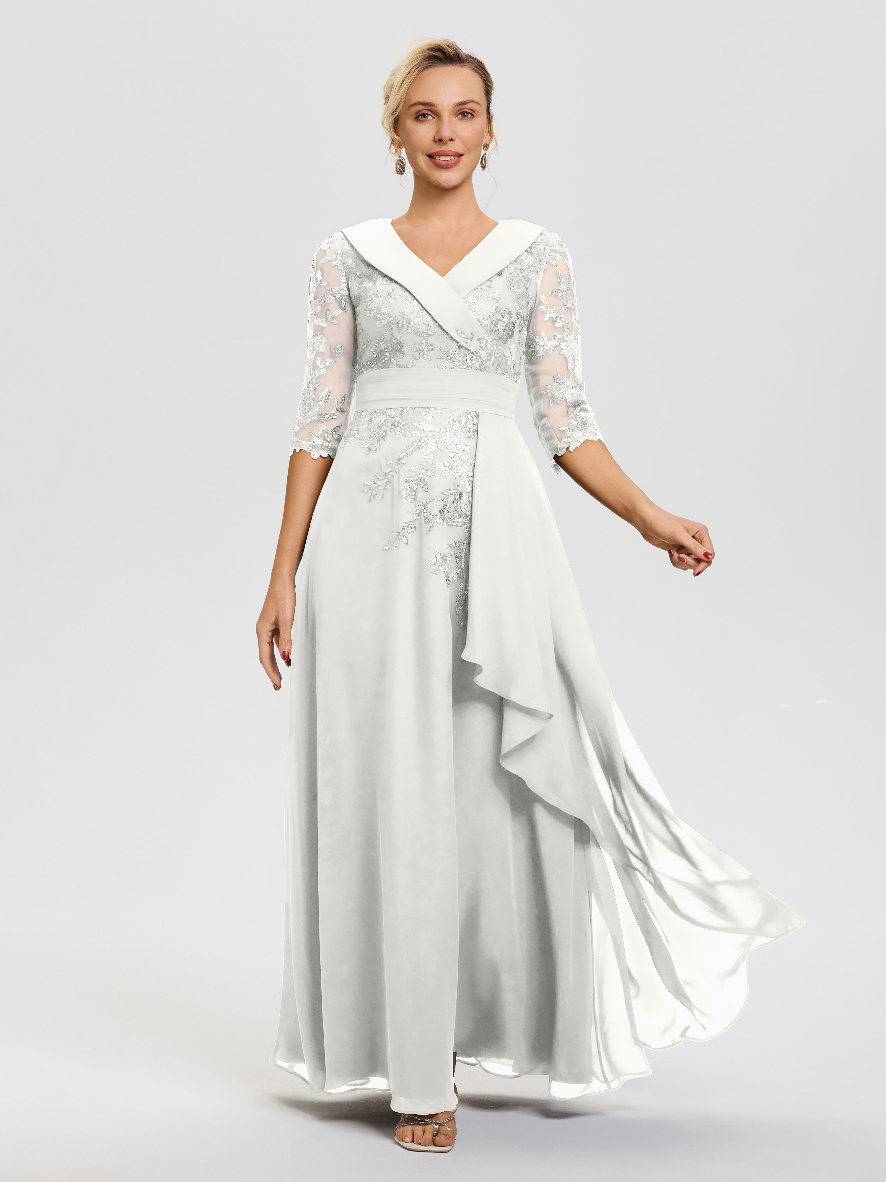 Ivory Mother Of The Bride Dress A Line V Neck 3/4 Illusion Sleeves Appliqued Chiffon Floor Length Mother Of The Bride Dresses Ivory Mother Of The Bride Dress A Line V Neck 3/4 Illusion Sleeves Appliqued Chiffon Floor Length Mother Of The Bride Dresses