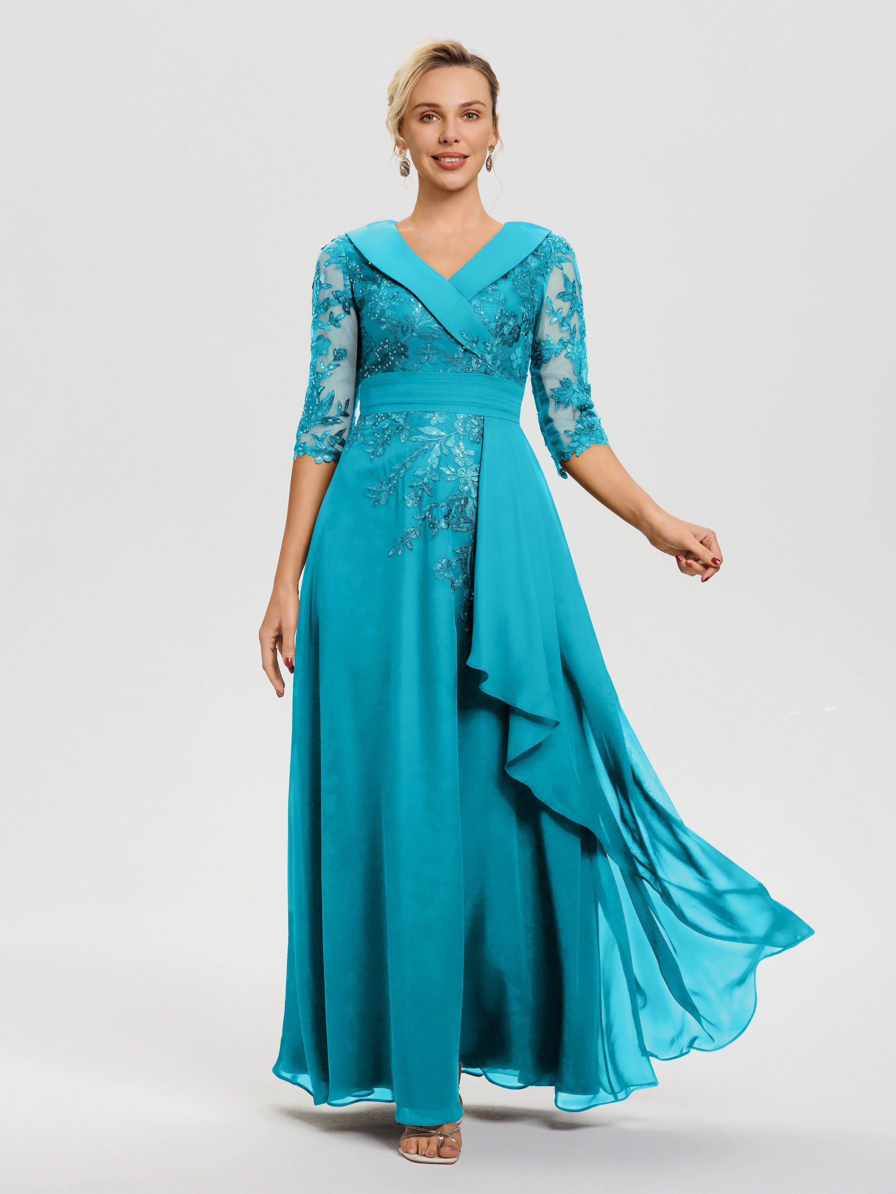 Jade Mother of Bride Gowns A Line V Neck 3/4 Illusion Sleeves Appliqued Chiffon Floor Length Mother of The Bride Dresses Jade Mother of Bride Gowns A Line V Neck 3/4 Illusion Sleeves Appliqued Chiffon Floor Length Mother of The Bride Dresses