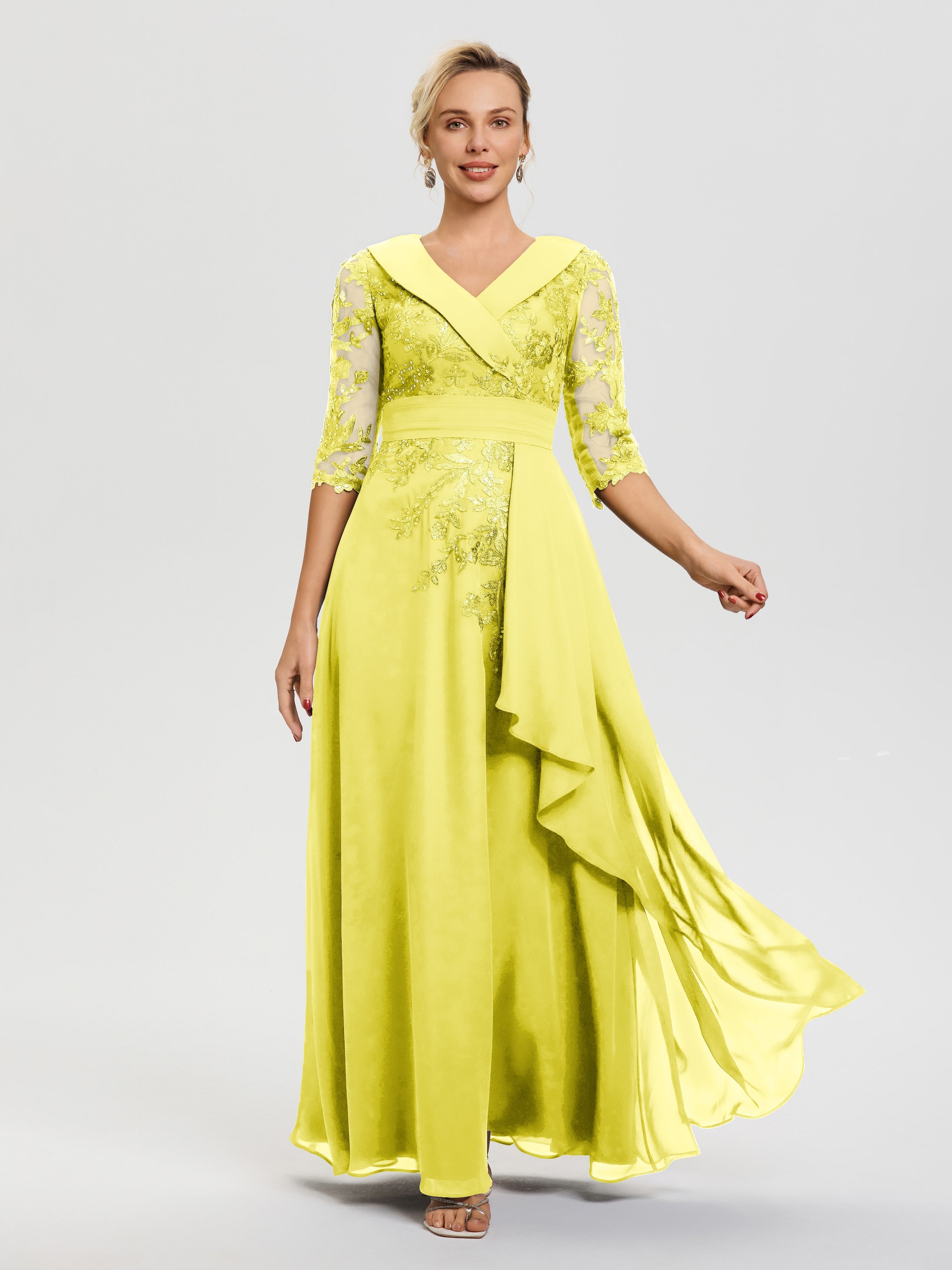 Mother Of The Bride Lemon A Line V Neck 3/4 Illusion Sleeves Appliqued Chiffon Floor Length Mother Of The Bride Dresses Mother Of The Bride Lemon A Line V Neck 3/4 Illusion Sleeves Appliqued Chiffon Floor Length Mother Of The Bride Dresses