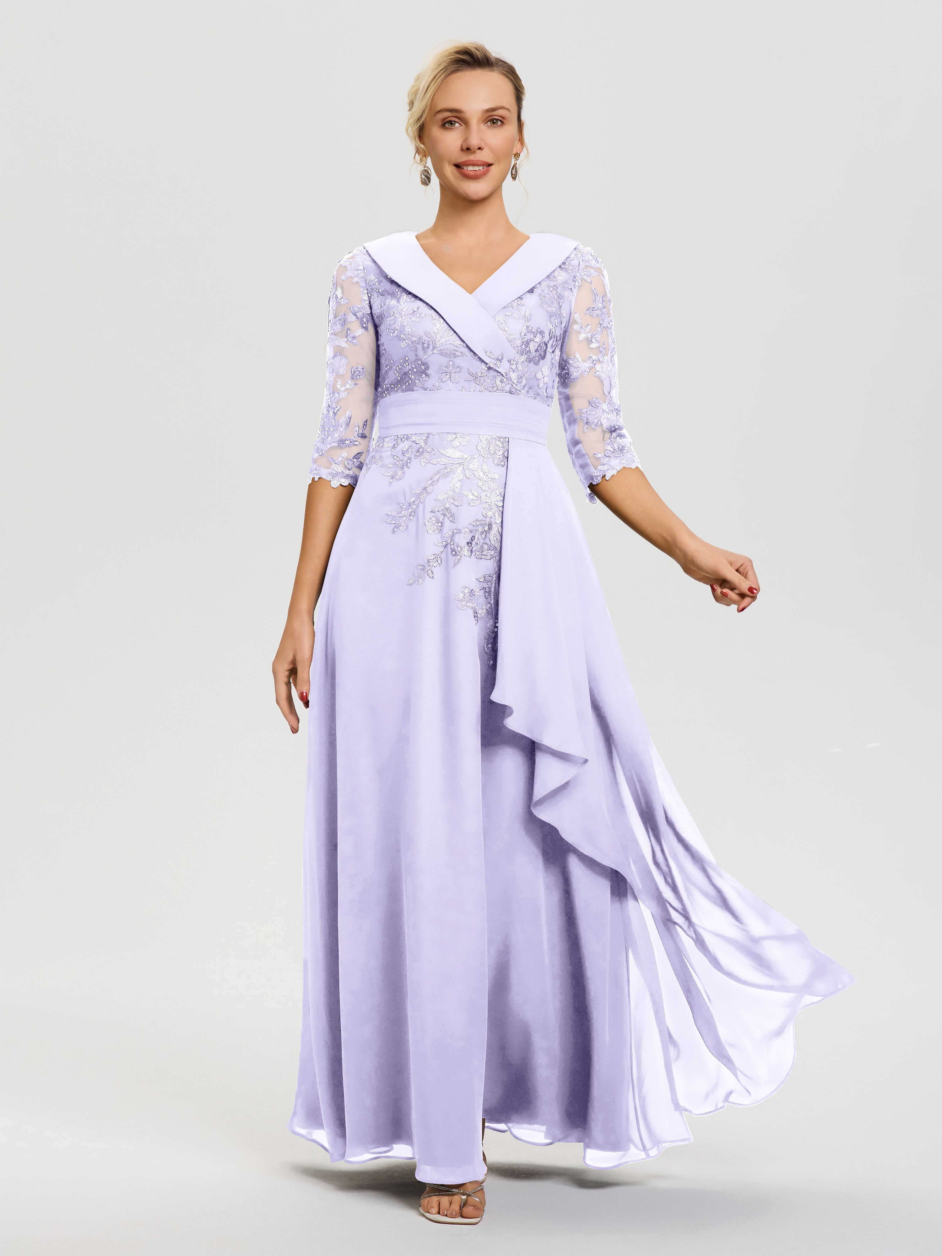 Lilac Mother Of The Bride Dresses A Line V Neck 3/4 Illusion Sleeves Appliqued Chiffon Floor Length Mother Of The Bride Dresses Lilac Mother Of The Bride Dresses A Line V Neck 3/4 Illusion Sleeves Appliqued Chiffon Floor Length Mother Of The Bride Dresses